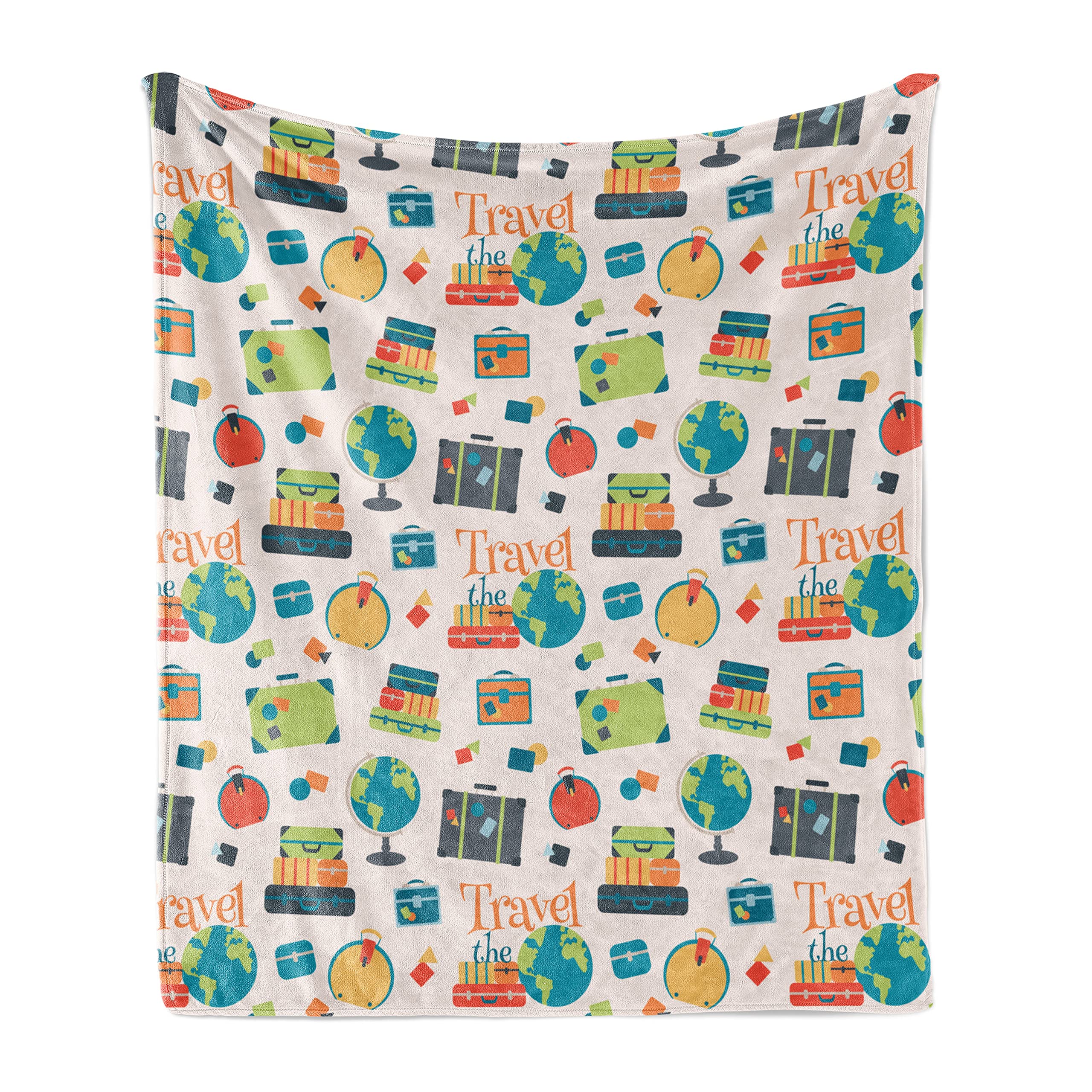 Ambesonne Travel The World Throw Blanket - Colorful Calligraphy Luggage & Globe Design, Soft Flannel Fleece Accent Blanket for Couch, Bed & Travel, 70x90 Inches, Multicolor - Perfect for Home Decor, Gifts & Cozy Nights