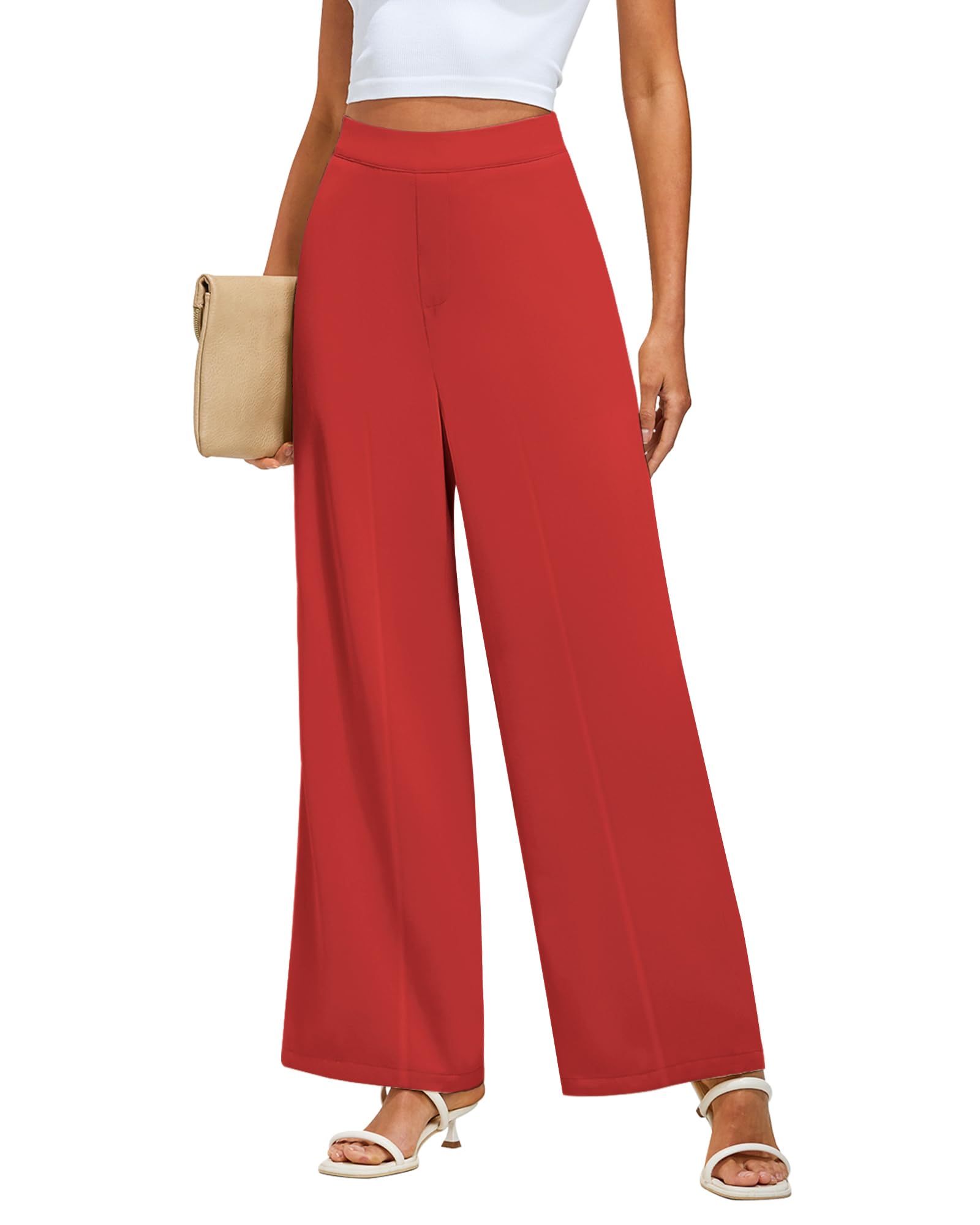 GRAPENT Women's High Waisted Wide Leg Dress Pants - Elastic Waist Pull On Business Casual Trousers with Pockets for Office Work & Professional Outfits