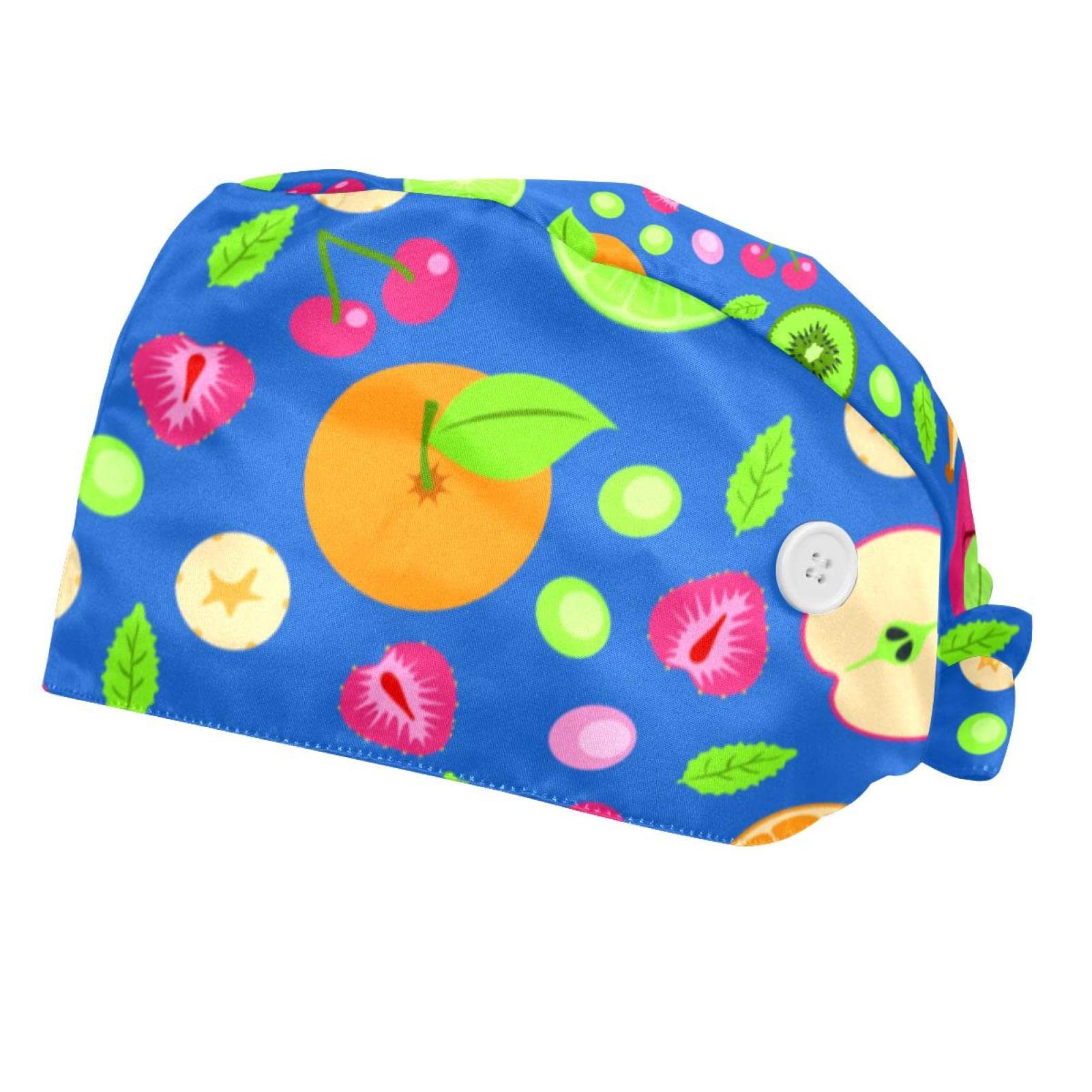 Bouffant Caps with Button - 2 Pack Adjustable Women's Ponytail Work Hats - Elastic Tie Back Hair Covers - Fruit Blending Pattern for Cooking, Baking & Food Service