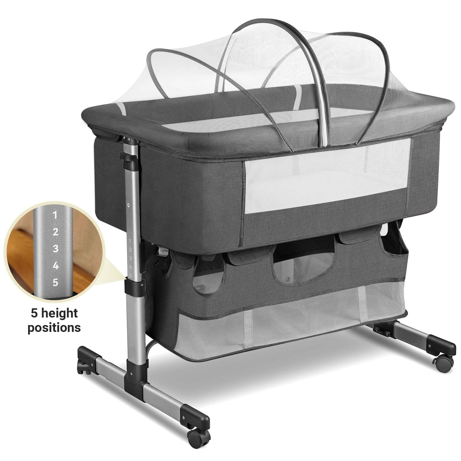 **3-in-1 Adjustable Portable Baby Bedside Crib with Mosquito Net – Grey | Infant Bassinet for Newborns & Travel | Nursery, Co-Sleeping & On-the-Go Convenience**