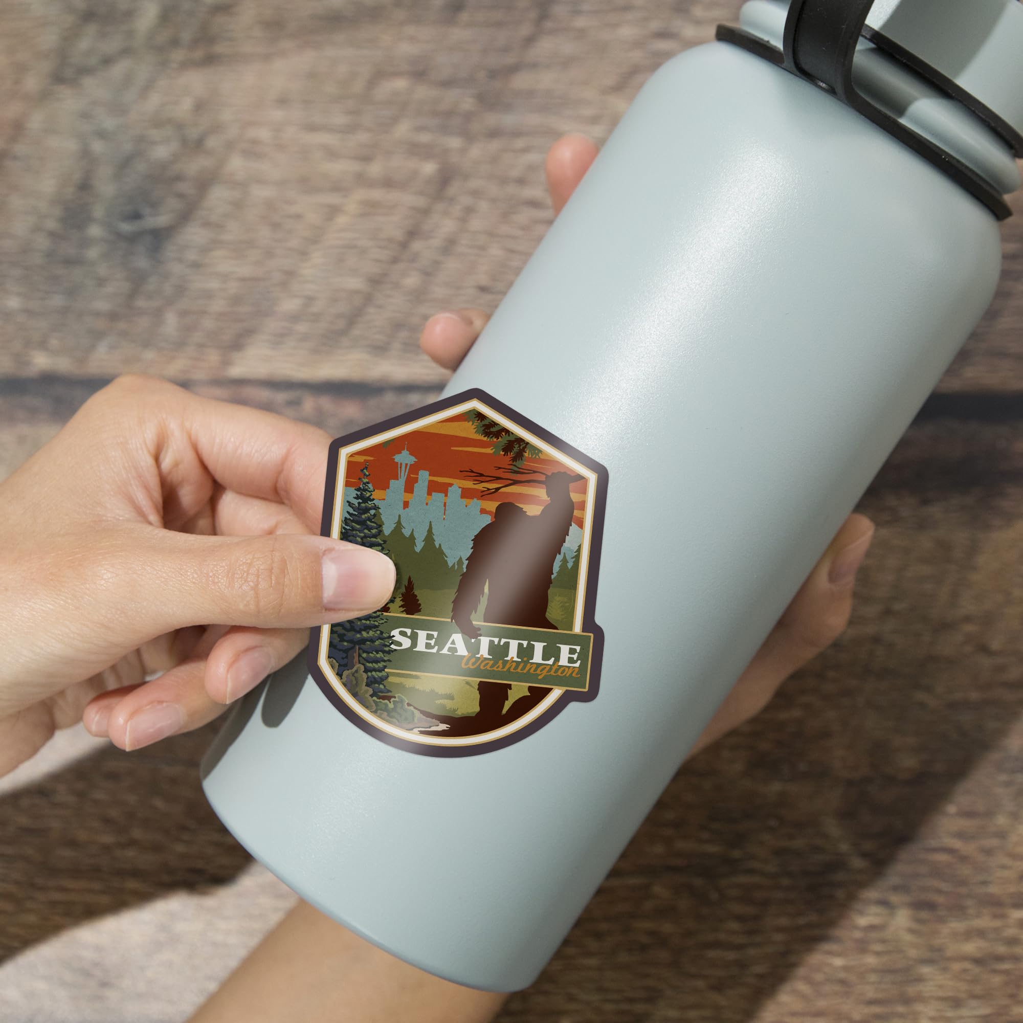 Custom Die Cut Stickers Seattle Washington - Bigfoot WPA Style Vinyl Decals 3-6 Inch Waterproof - Perfect for Cars, Water Bottles, Laptops, Coolers & DIY Projects - Durable Outdoor/Indoor Decoration