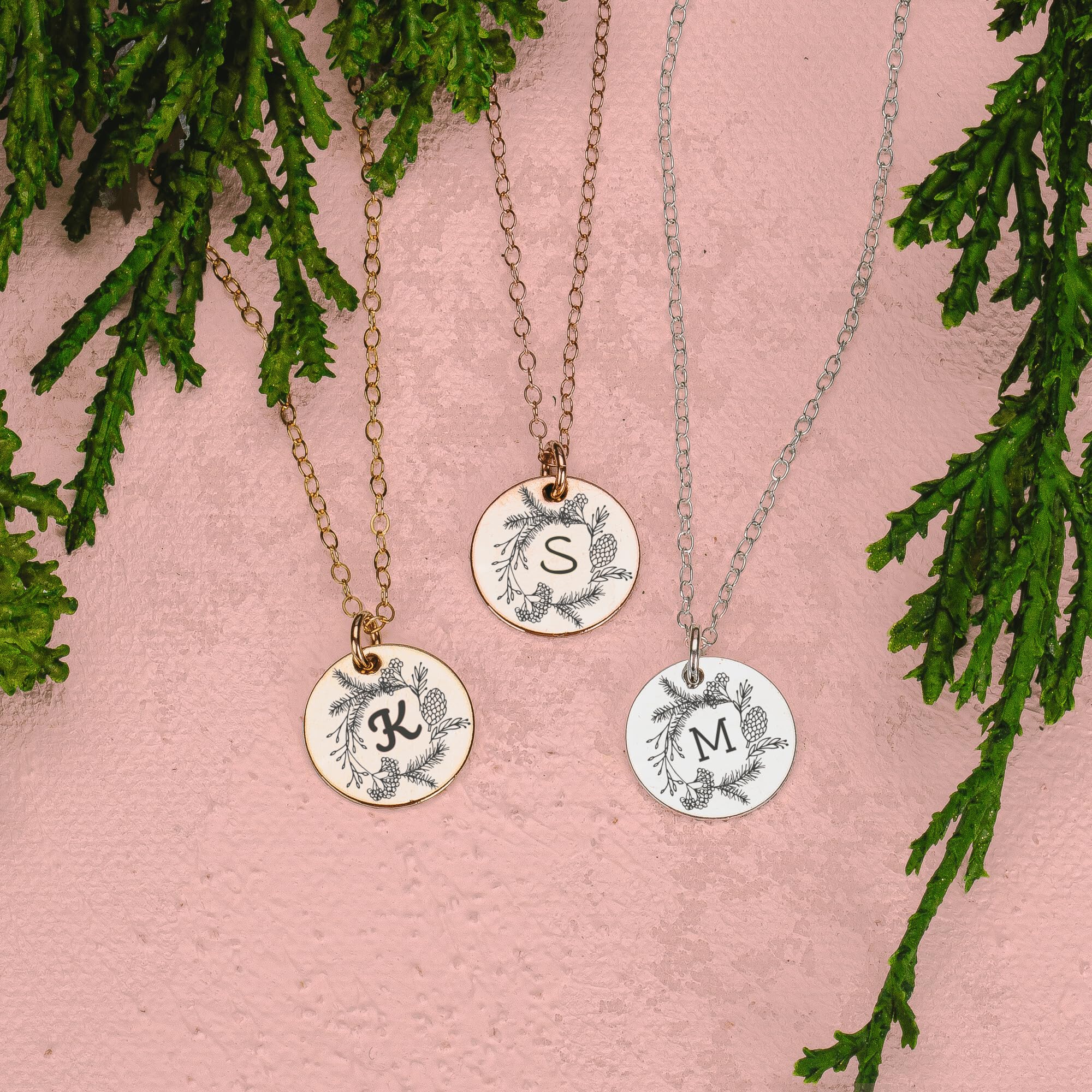 Personalized Engraved Round Disc Necklace - 14K Rose Gold Fill, Silver or Gold | Custom Initial Necklace with Pine Wreath Design, 18 Inch Chain | Thoughtful Gift for Women, Anniversary, Birthday & Mother's Day | Perfect for Everyday Wear, Date Nights & Special Occasions