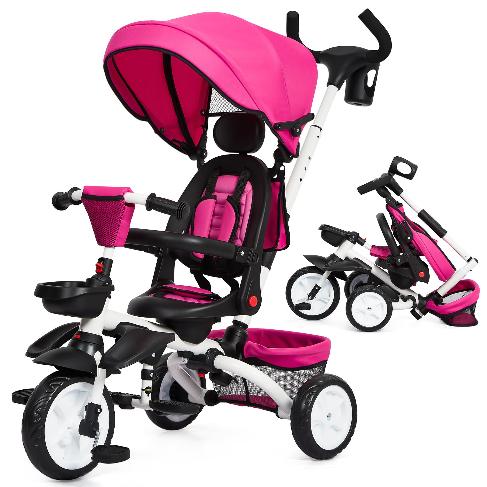 7-in-1 Foldable Baby Tricycle with Adjustable Push Handle, Canopy & Safety Harness - Convertible Toddler Bike with Rotatable Seat, Cup Holder & Storage - Perfect for 1-5 Year Olds (Rose) - Ideal for Outdoor Play, Park Rides & Learning Balance