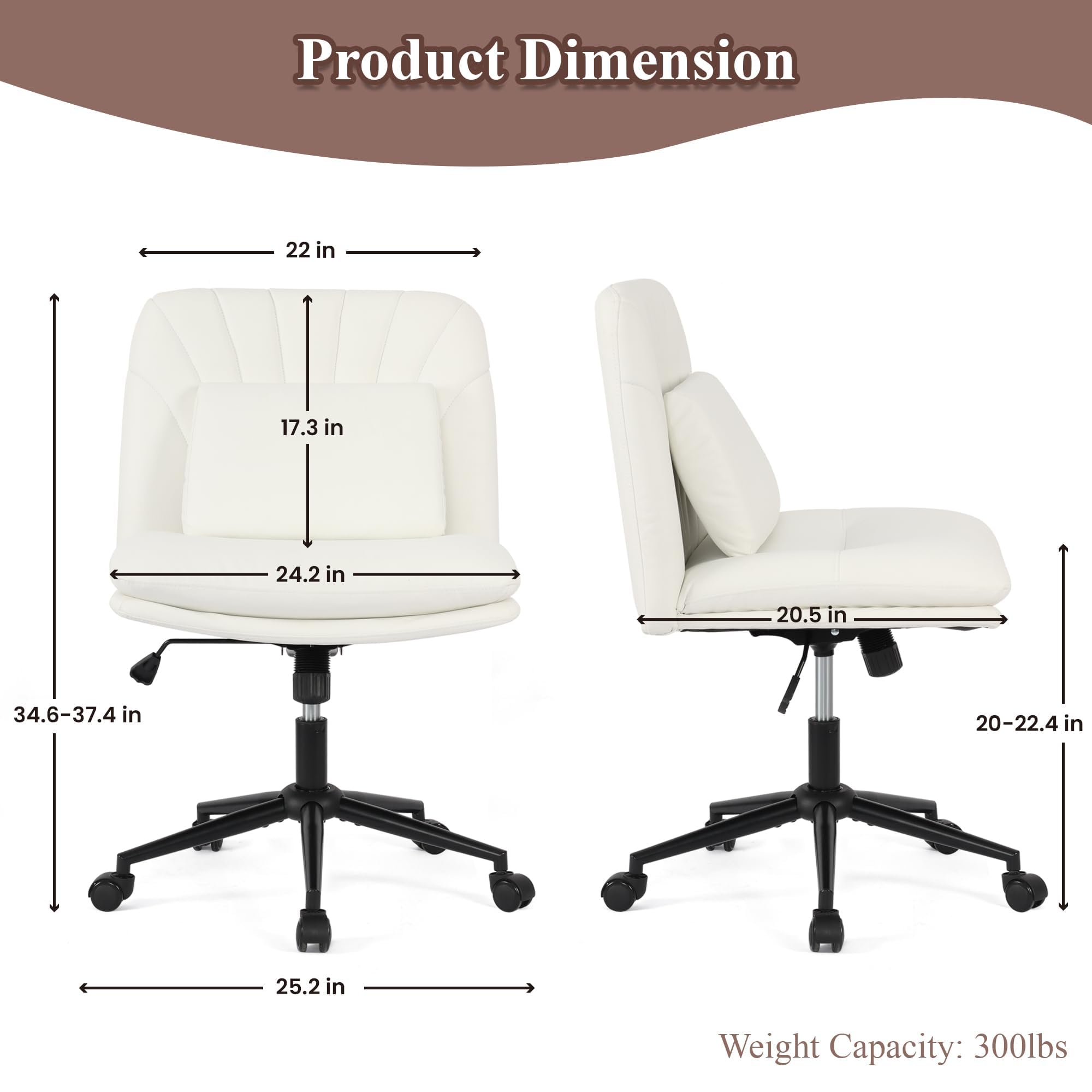 Ergonomic Criss Cross Chair - Armless Office Chair with Wheels & PU Leather - Cross Legged Meditation Chair with Wide Seat & Lumbar Support - White - Perfect for Home Office, Yoga, and Relaxation Spaces