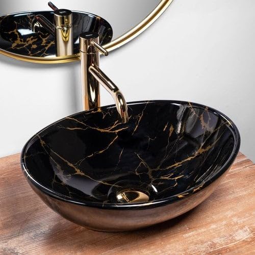 REMOTION Oval Ceramic Bathroom Sink - Glossy Black Gold Countertop Wash Basin for Vanity, Powder Room & Guest Bath | Modern Oval Shape Vessel Sink for Bathroom Decor & Home Renovation Projects