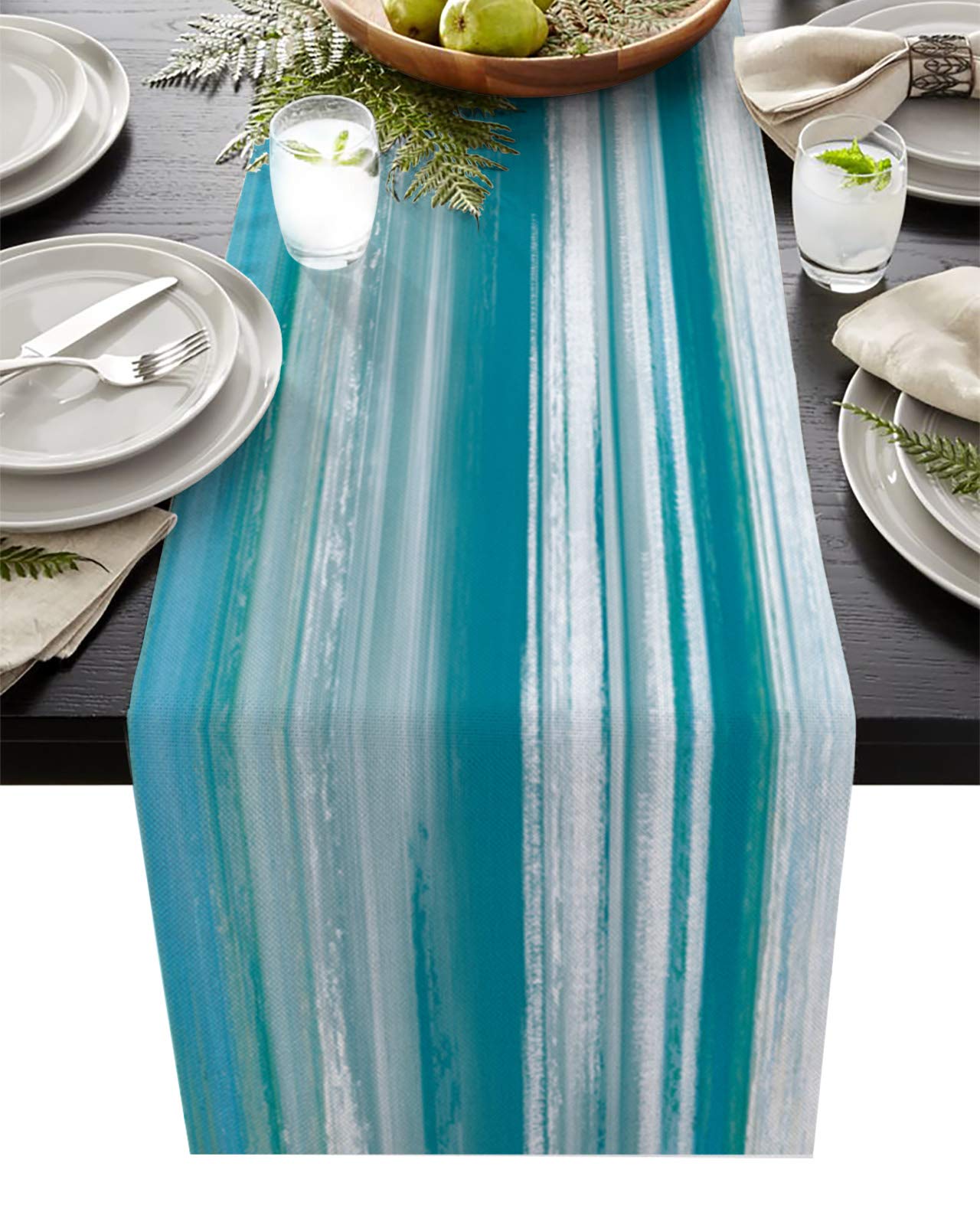 Abstract Art Turquoise White Pattern Washable Linen Burlap Table Runner - 72 Inches Long for Farmhouse, Kitchen, Wedding & Party Decor | Durable & Stylish Dining Table & Dresser Scarf for Home Decor