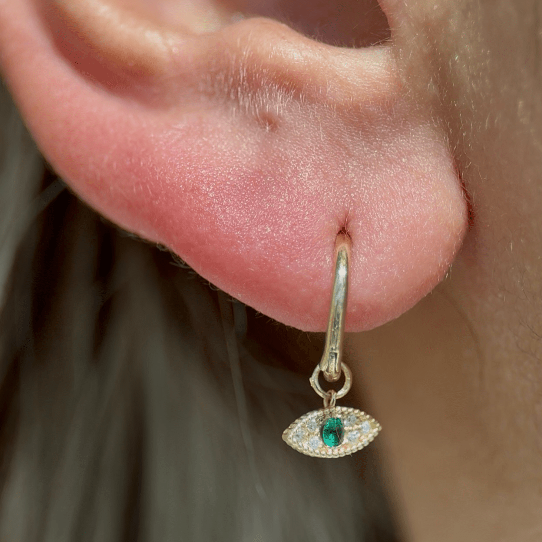 14K Yellow Gold Emerald Evil Eye Hoop Earrings - Protection Jewelry for Women, Gift for Her, Perfect for Everyday Wear & Special Occasions