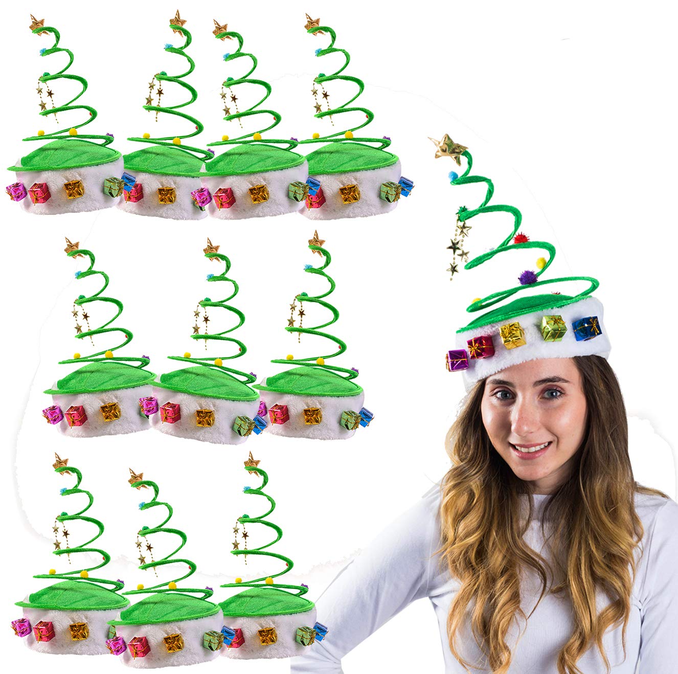 10 Pack Funny Christmas Tree Coil Party Hats - Soft Plush Xmas Costume Accessories for Holiday Parties, Family Gatherings & Festive Celebrations