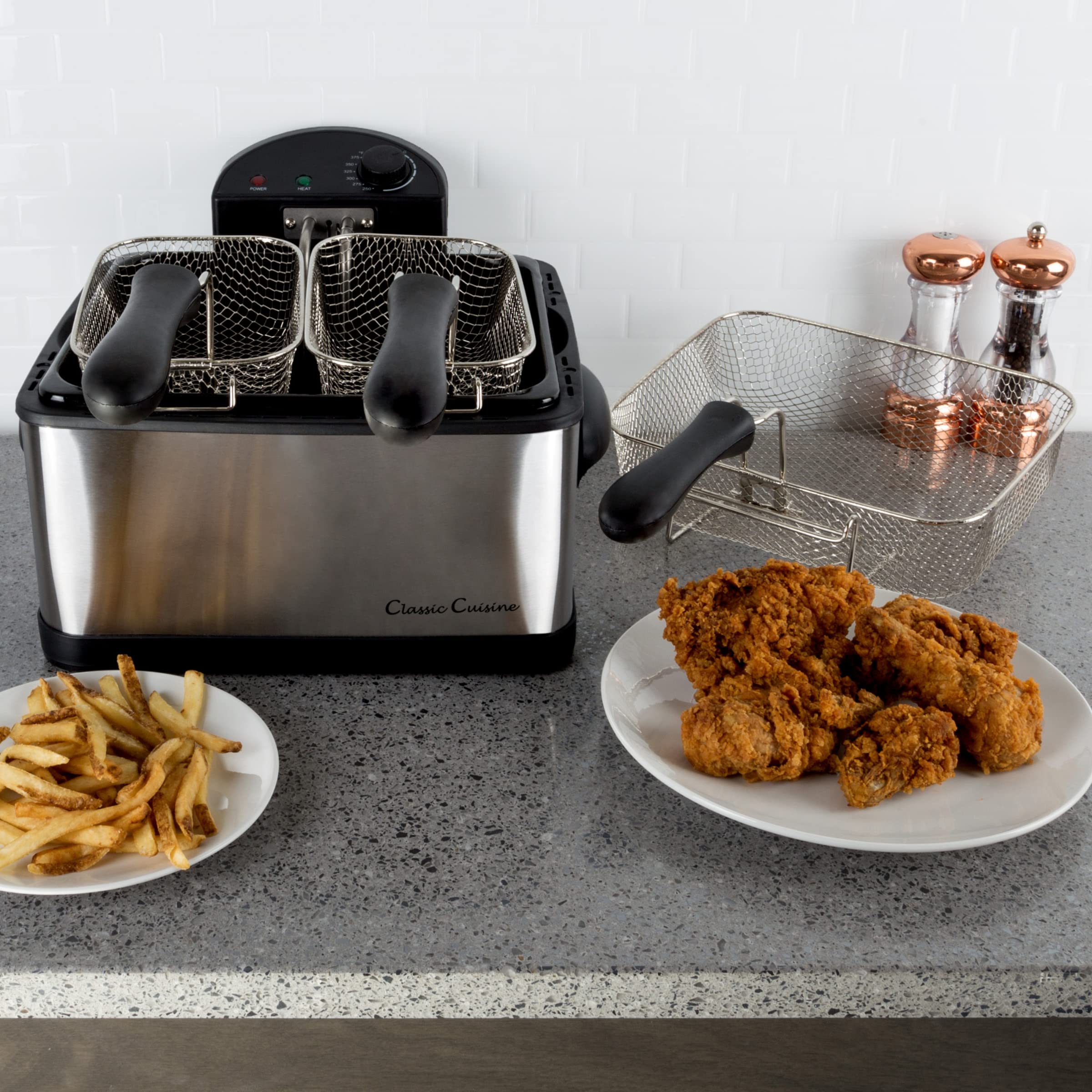 Classic Cuisine 82-KIT1014 4L Electric Deep Fryer with 3 Baskets (1 Large & 2 Small) - Stainless Steel Hot Oil Cooker for Home Kitchen - Perfect for Frying Chicken, Fish, French Fries & Donuts