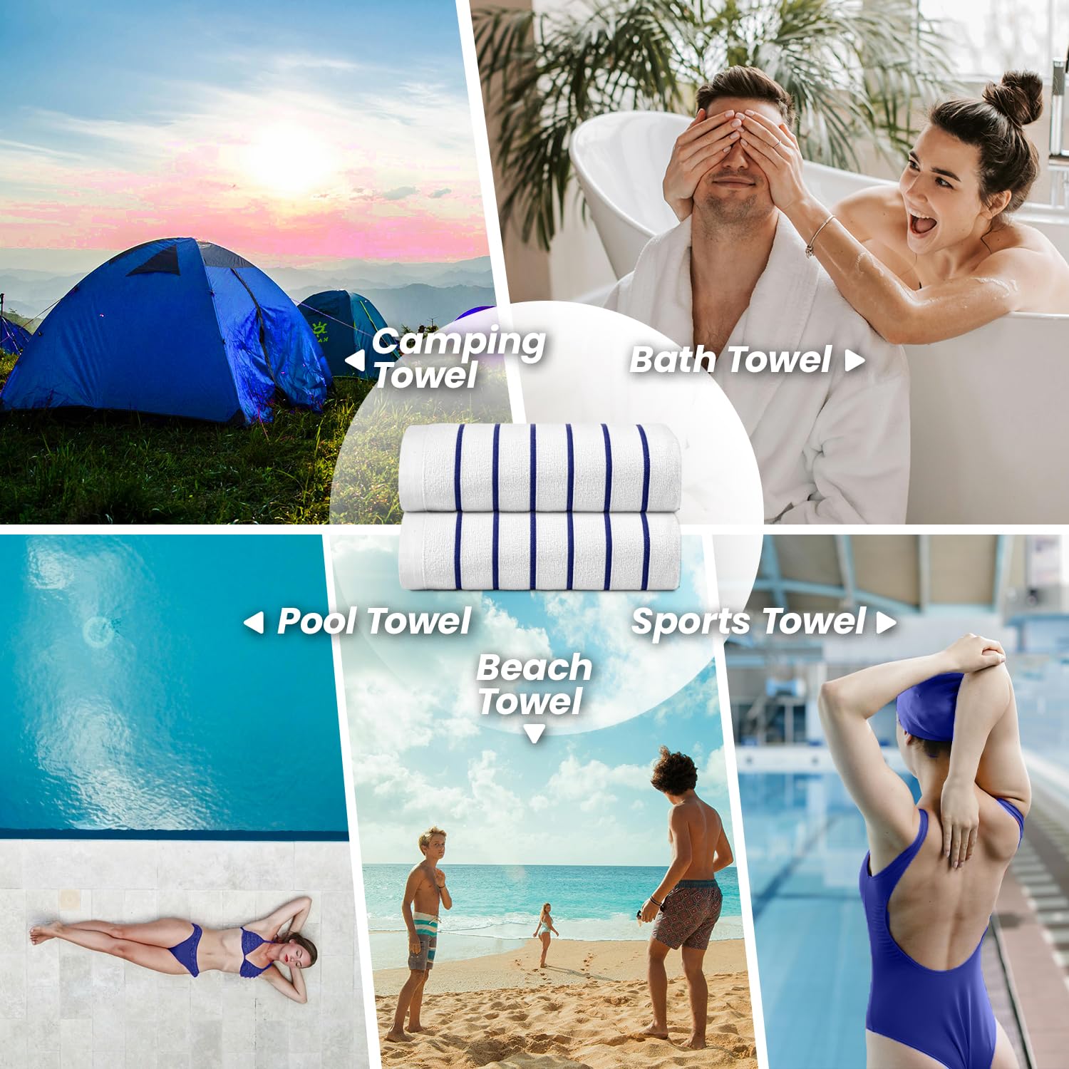 Belem Blue Horizontal Stripe Oversized Pool Towels Bulk 30x60 Inches - 60 Pack Quick-Drying Beach Towels | Highly Absorbent Spa & Hotel Bath Sheets | Soft & Durable Bulk Towels for Pool, Beach, Gym, Yoga, Travel and Home Use