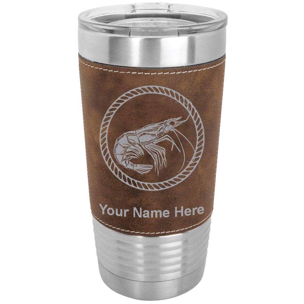 LaserGram 20oz Vacuum Insulated Stainless Steel Tumbler Mug with Personalized Engraving - Shrimp Design, Faux Leather & Rustic Finish - Perfect for Coffee, Tea, or Cold Drinks at Home, Office, or Travel