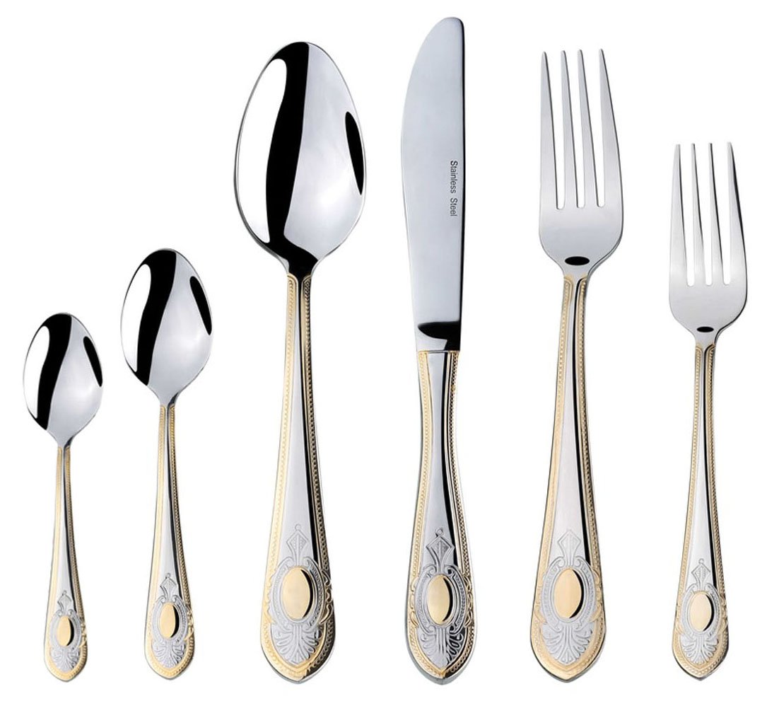 Venezia Collection Medallion 75-Piece Stainless Steel Flatware Set - 18/10 Surgical Grade Cutlery with 24K Gold Accents, 12-Person Dining Service & Hostess Serving Pieces in Wooden Storage Case - Elegant Table Setting for Weddings, Dinner Parties & Holiday Entertaining