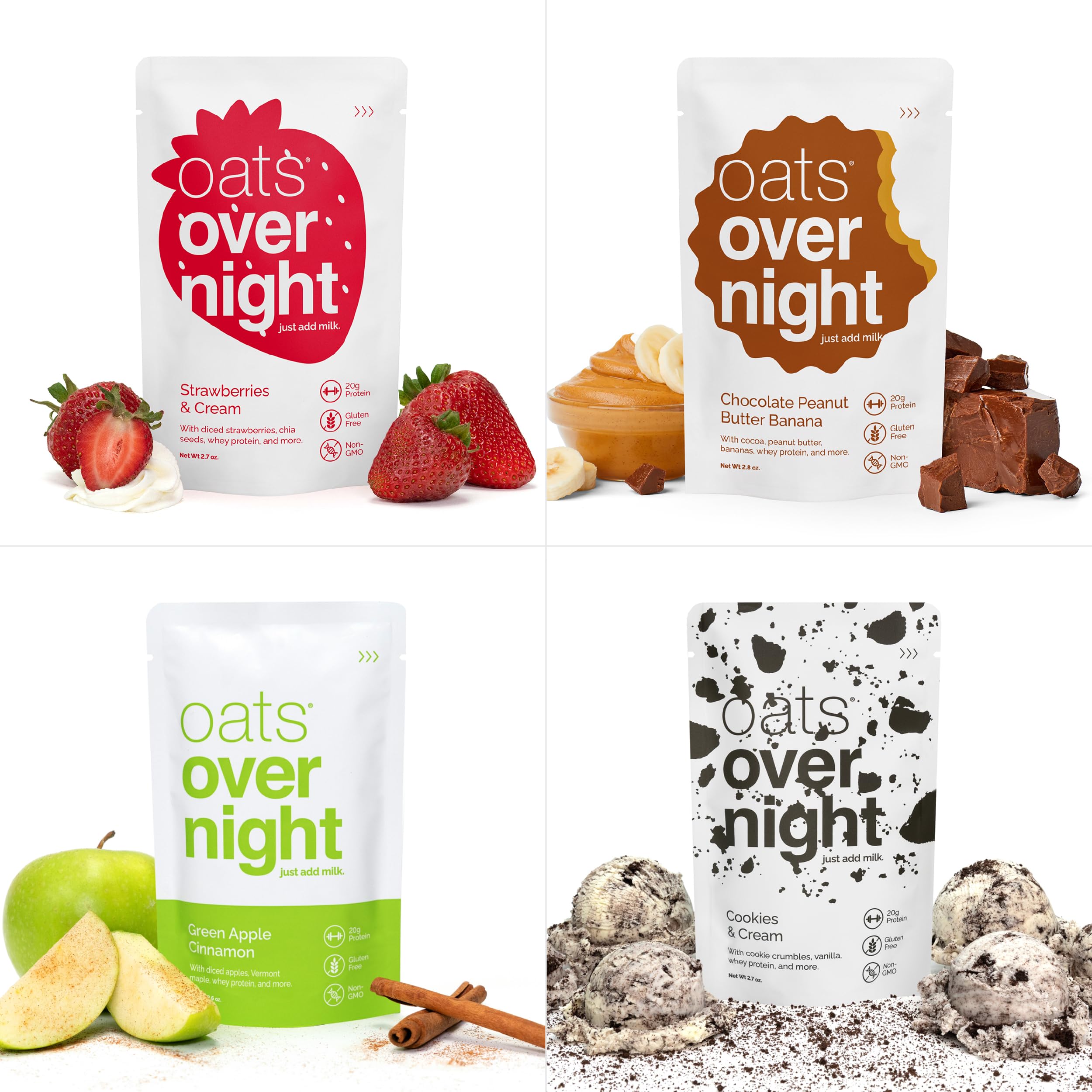 Oats Overnight Classic Variety Pack - High Protein & Fiber Gluten Free Oatmeal Breakfast Shake | Non-GMO, Green Apple Cinnamon & Cookies & Cream Flavors (16 Pack) - Perfect for Quick Healthy Breakfasts, Post-Workout Recovery & On-the-Go Nutrition