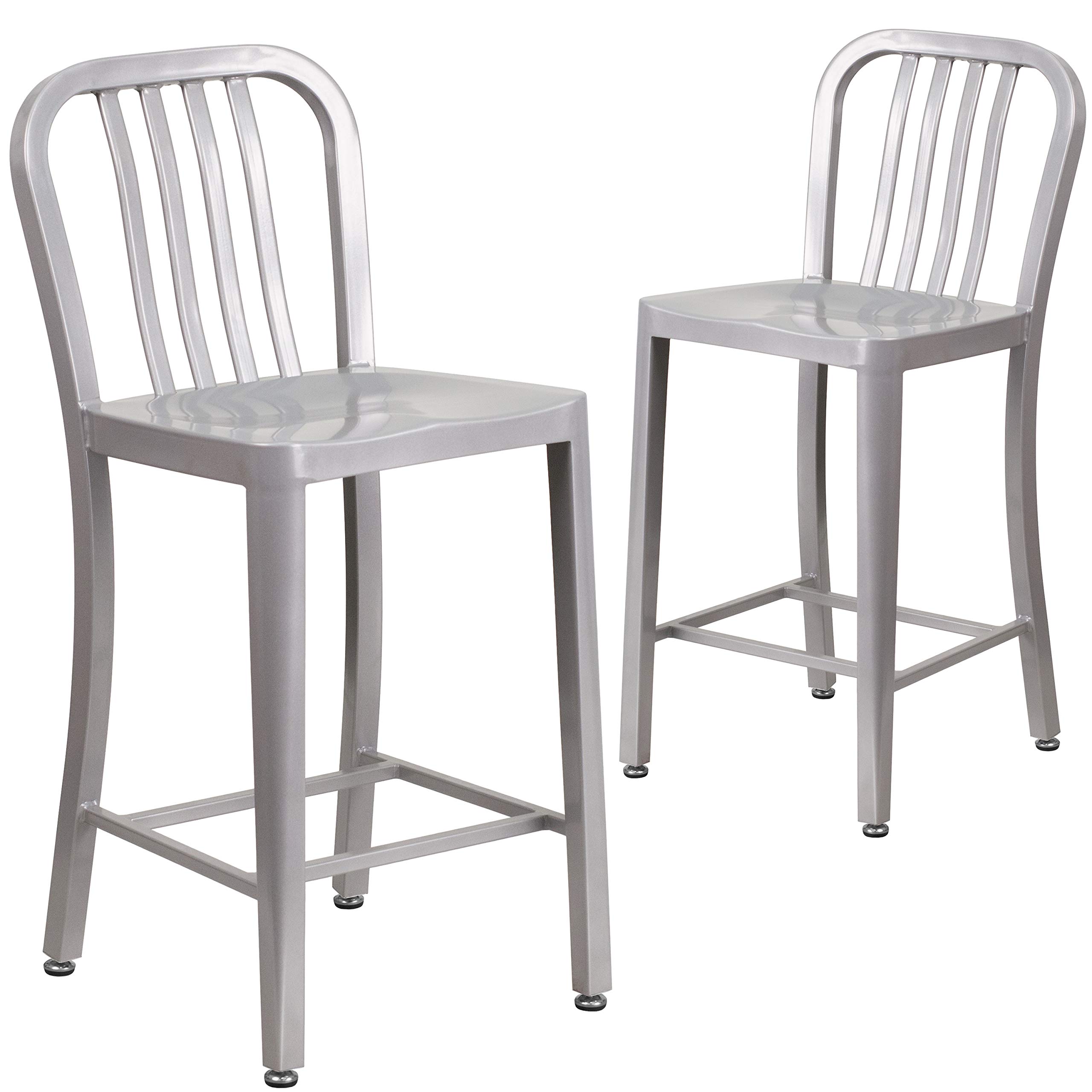 2 Pack 24 Inch Silver Metal Counter Height Bar Stools - Indoor Outdoor Use with Vertical Slat Back - Perfect for Kitchen Island, Breakfast Nook, and Patio Dining