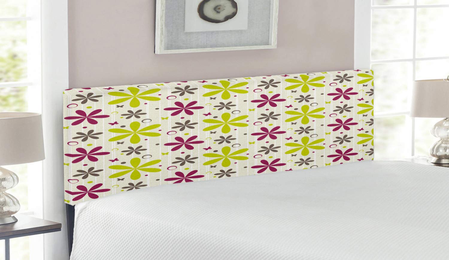 Ambesonne Floral Upholstered Headboard with Memory Foam - Queen Size Bed Headboard with Butterfly & Circle Hoops Nature Design in Apple Green & Dark Taupe - Perfect for Bedroom Decor, Guest Room, and Master Suite Makeover