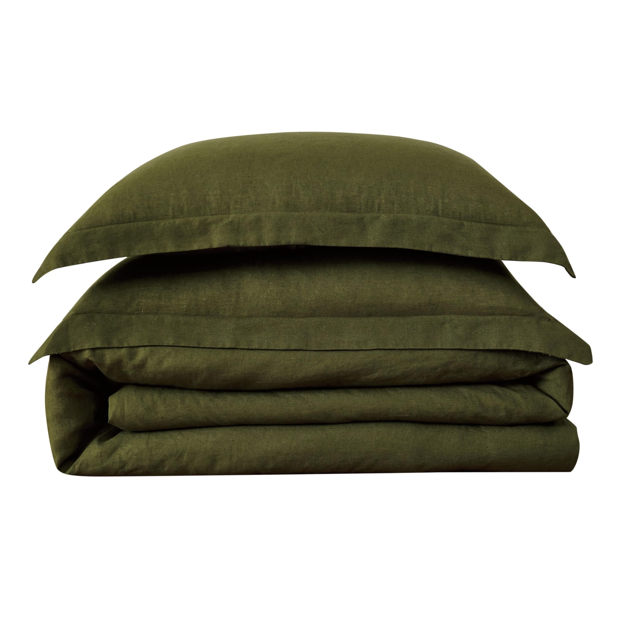 Premium Olive Green Linen Duvet Cover Set King Size - 3 Piece Brookyln Loom Bedding Set | OEKO-TEX Certified 100% Natural Linen | Soft Breathable Comfort for All Seasons | Perfect for Master Bedroom, Guest Room & Vacation Homes