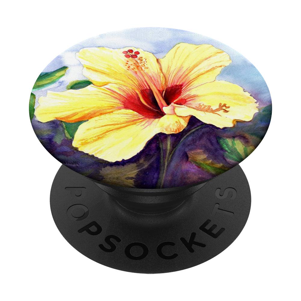 Floral Watercolor Yellow Hibiscus Flower Hawaii Exotic PopSockets PopGrip - Swappable Phone Grip for iPhone, Samsung & Tablets - Perfect for Travel, Beach & Summer Accessories
