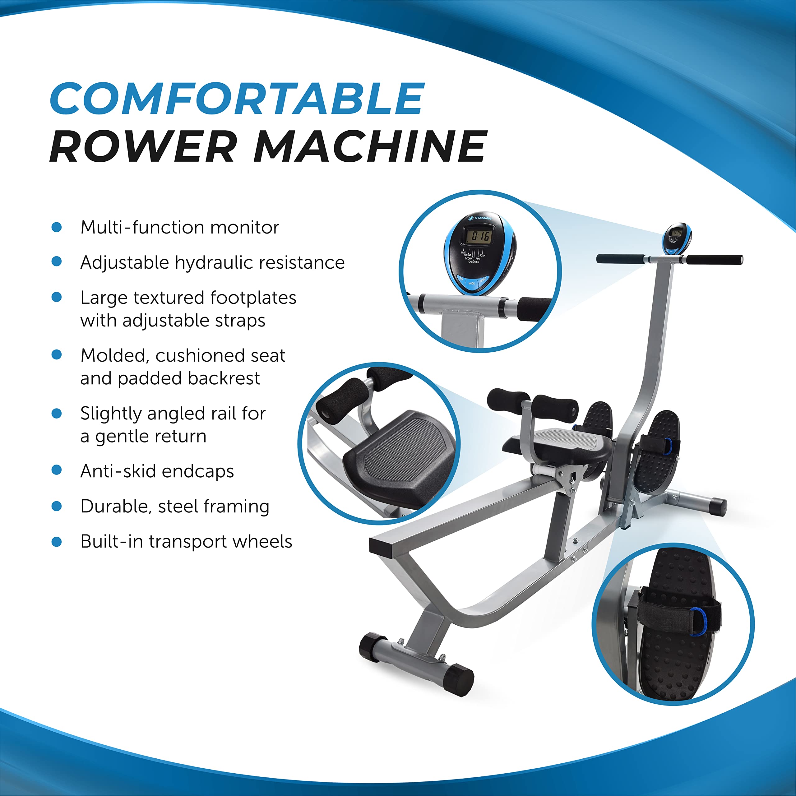 Stamina Hydraulic Rower Machine with Smart Workout App - Adjustable Resistance Rowing Machine for Home Gym, Full Body Workout & Cardio Training | Perfect for Small Spaces, Apartment Fitness & Weight Loss