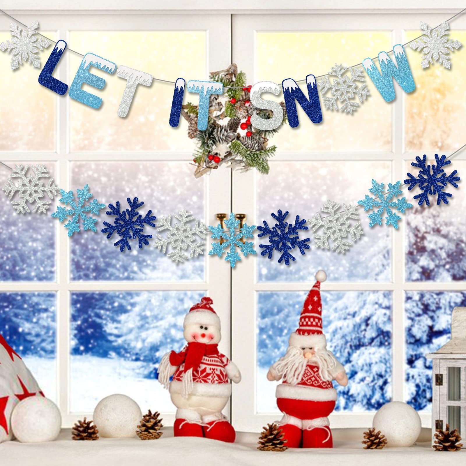 Let It Snow Banner with Snowflake Garland - Christmas Winter Party Decorations for Home, Office & Holiday Events - Perfect for Fireplace, Wall & Door Decor