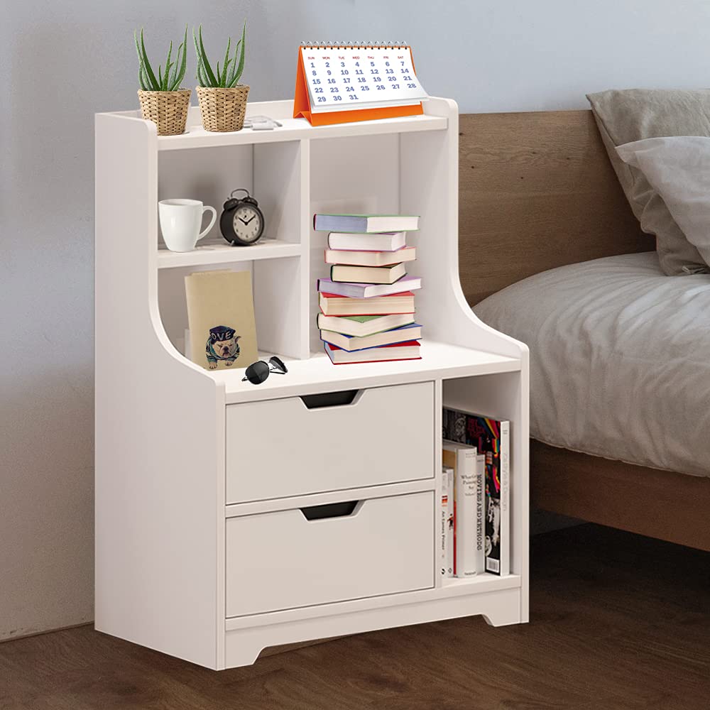 White MDF Bedside Table with Drawer - Multifunctional Storage Nightstand for Bedroom, Living Room & Home Office - Compact Side Table with Cabinet Space for Books, Lamps & Essentials