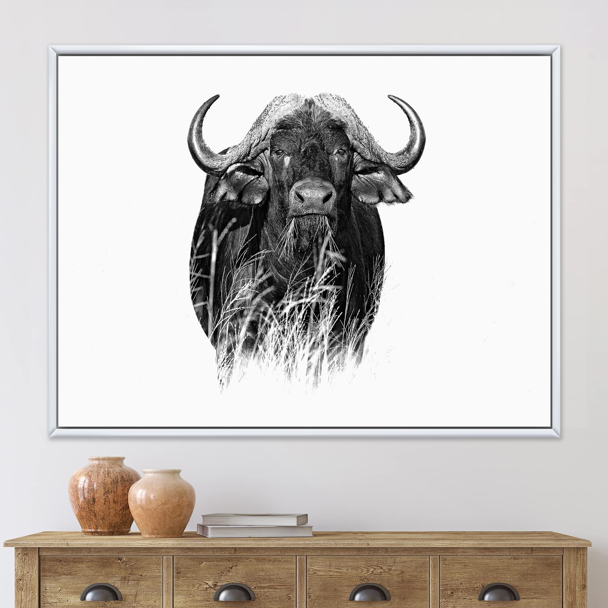 DesignQ Monochrome Buffalo IV Farmhouse Framed Canvas Wall Art Print - Modern Home Decor for Living Room, Bedroom & Office