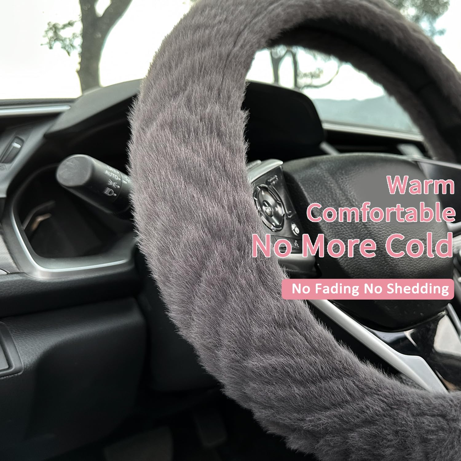 Fluffy Plush Steering Wheel Cover for Women - Soft, Non-Slip & Winter Warm Universal Fit 14-15 Inch (Grey) - Perfect for Cold Weather Driving & Car Interior Decoration