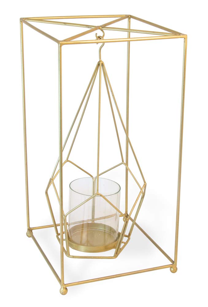 Boston International Iron & Glass Lantern Candle Holder - 16 Inch Square Pentagon Gold Design for Home Decor, Garden, Patio & Outdoor Lighting