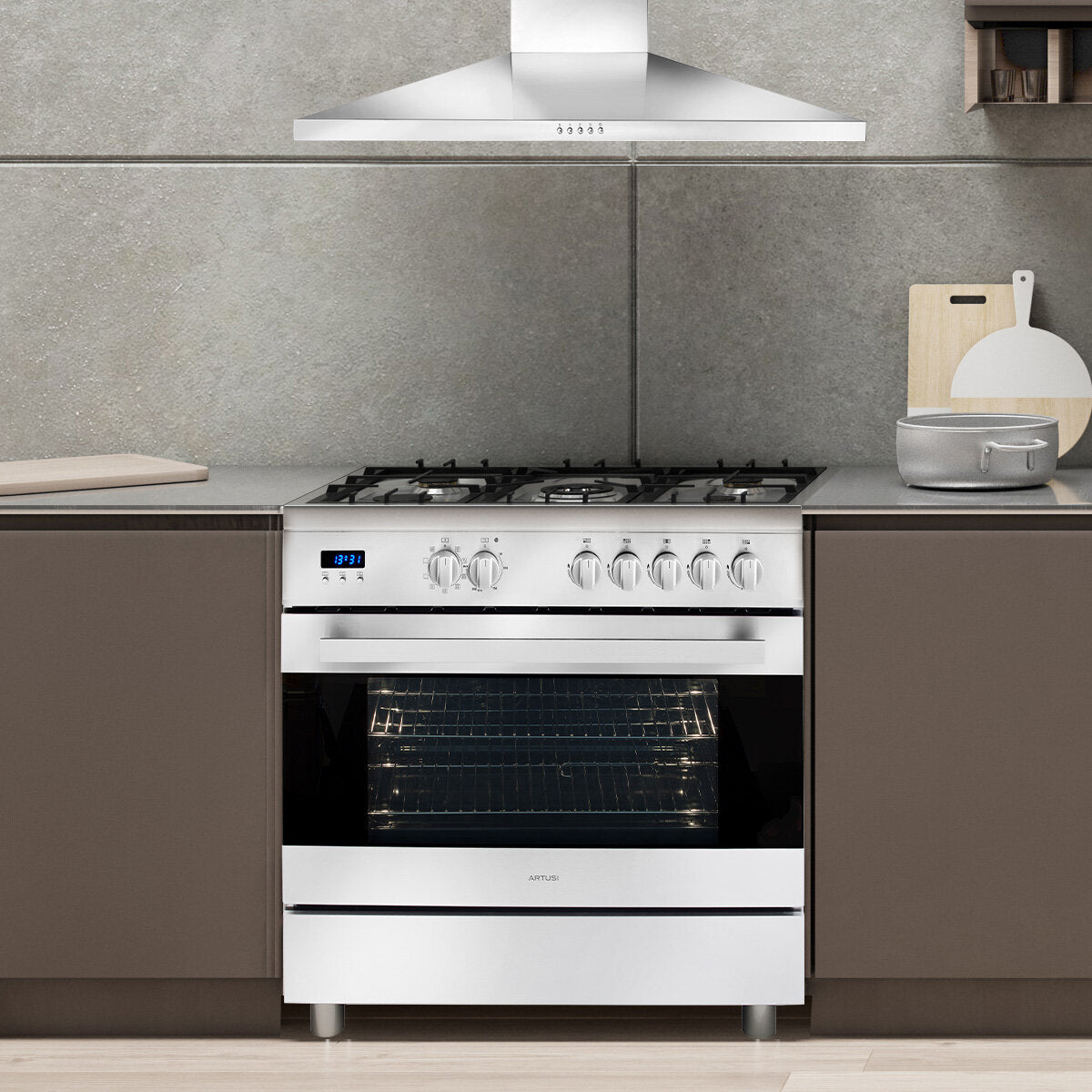 Artusi 90cm Freestanding Dual Fuel Oven & Stove CAFG91X - Professional Gas & Electric Range for Home Cooking, Baking & Entertaining