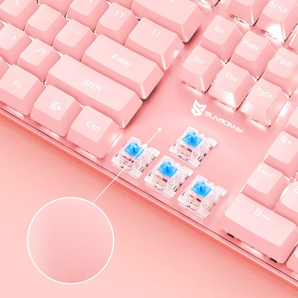 Qisan Mechanical Gaming Keyboard - Wired White Backlit Keyboard with Blue Switches, 104 Keys Full Size US Layout (Pink) | Perfect for PC Gaming, Office Work & Typing Enthusiasts