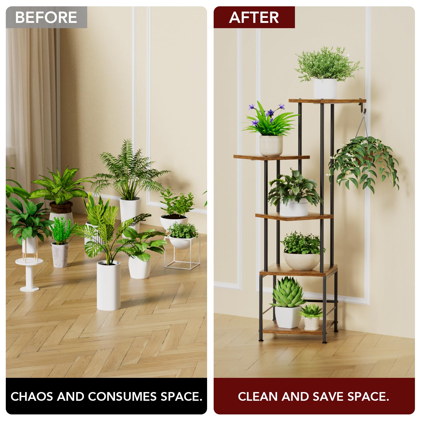 5-Tier Metal Plant Stand with Adjustable Grow Light & Hanging Hooks - Indoor Plant Shelf for Living Room, Garden, Patio - Perfect for Small Spaces & Plant Lovers (Brown/Black)