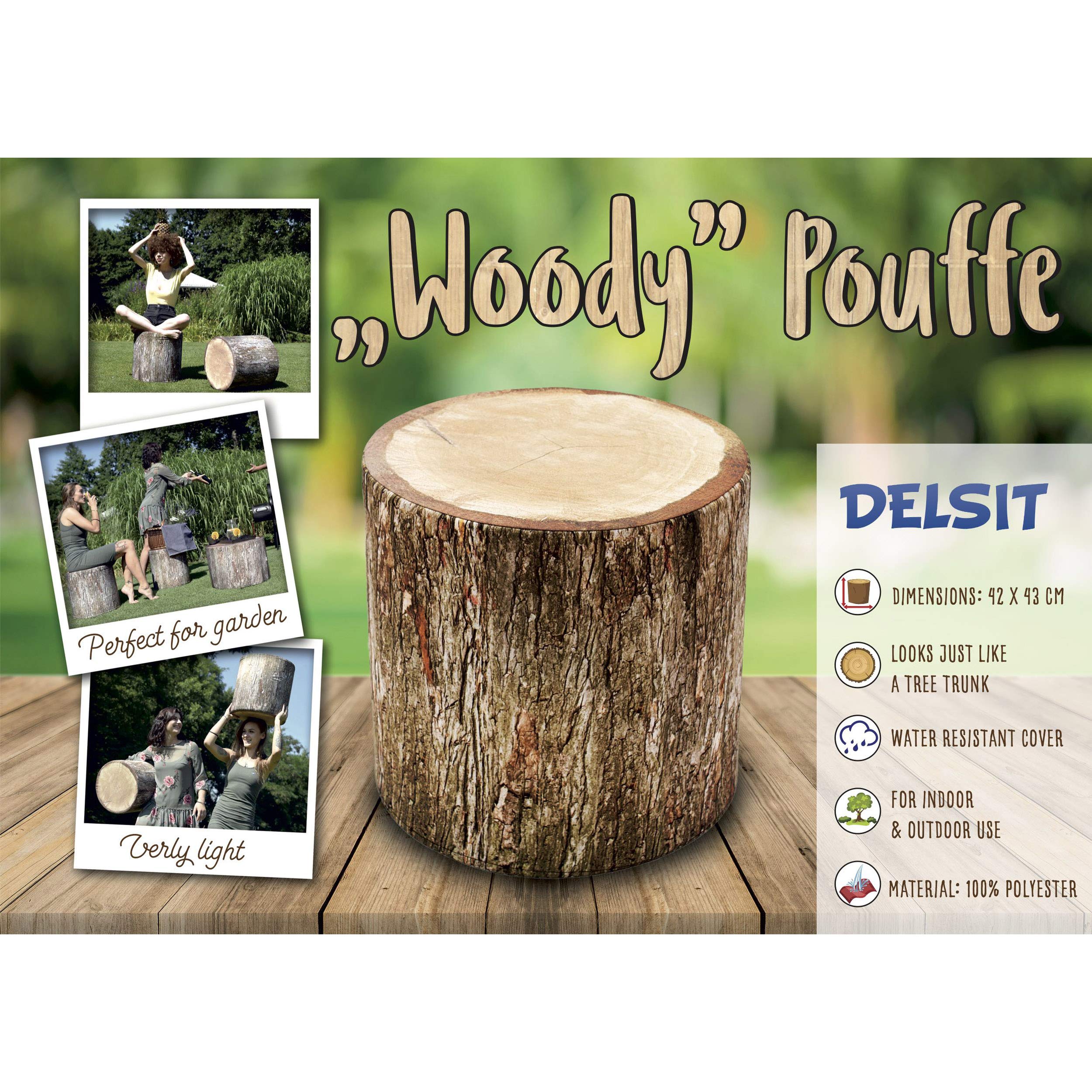 Delsit Woody Outdoor Pouf Ottoman – Waterproof Round Seat for Indoor & Outdoor Use | Lightweight European-Made Footrest & Stylish Home Decor | Perfect for Patio, Garden, Living Room & Lounge