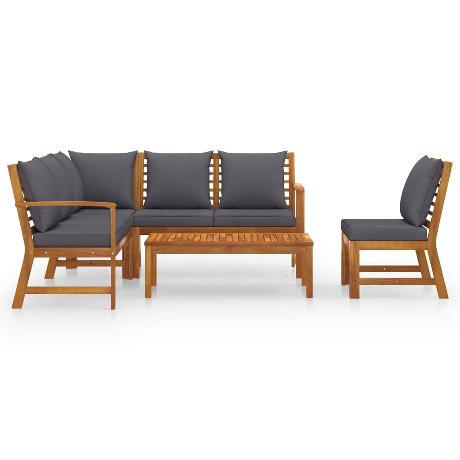 Tidyard 5-Piece Gray Cushioned Outdoor Patio Furniture Set with Acacia Wood Coffee Table - Garden Conversation Sofa Sectional & 2 Benches for Backyard, Terrace, Deck - Perfect for Relaxing, Entertaining & Outdoor Gatherings