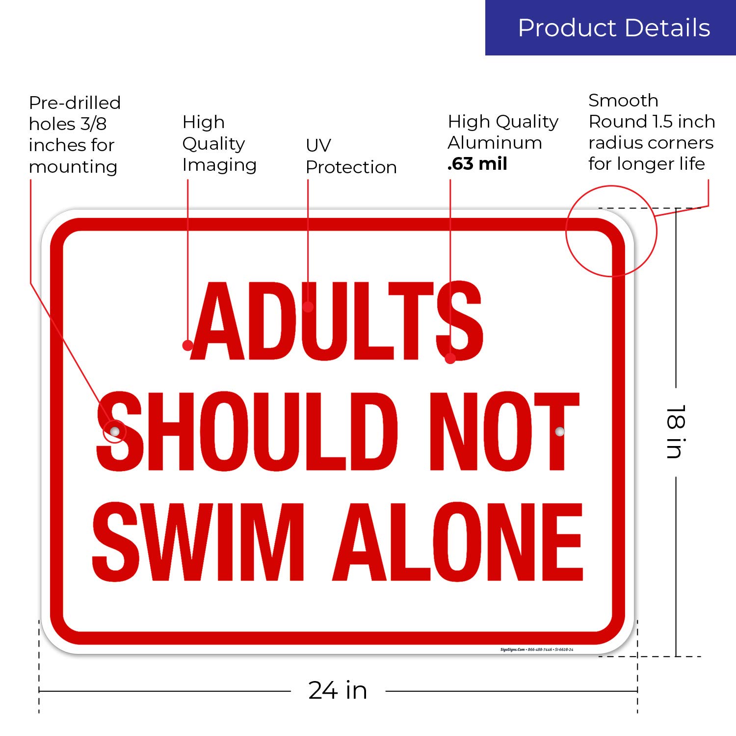 Pool Safety Sign - Adults Should Not Swim Alone Warning Sign, 18x24 Inches Rust-Free Aluminum for Indoor/Outdoor Use, Fade-Resistant & Durable, Made in USA - Perfect for Backyard Pools, Community Centers & Water Parks