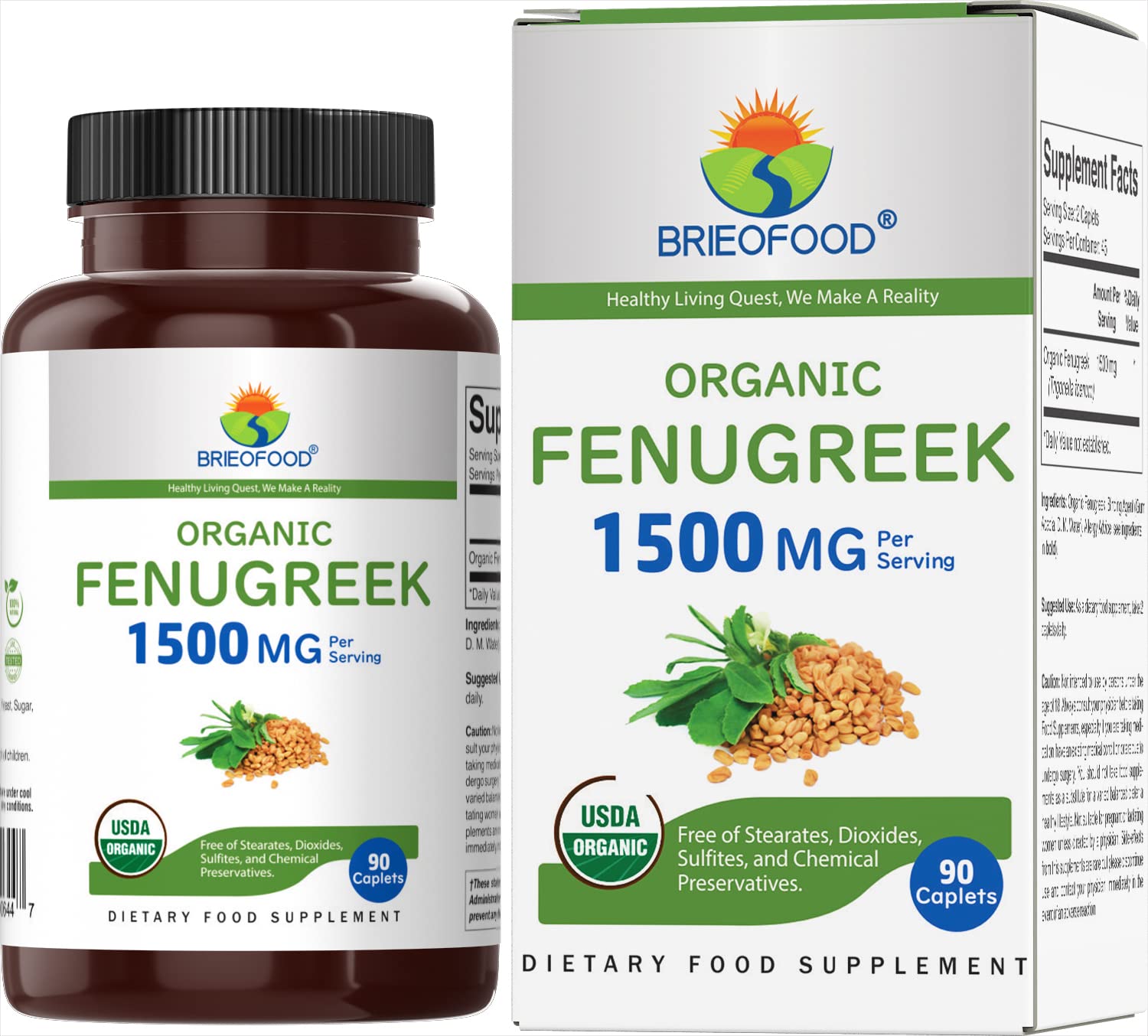 Brieofood Organic Fenugreek 1500mg Supplement - 90 Vegetarian Capsules | Gluten-Free, Non-GMO, 45 Servings | Supports Digestion & Lactation - Perfect for Postpartum & Vegan Diets