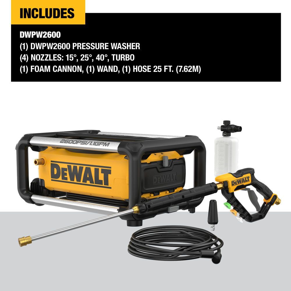 DEWALT DWPW2600 2600 PSI 1.1 GPM Electric Pressure Washer with 4 Nozzles - Perfect for Home Cleaning, Driveway, Deck & Patio Washing