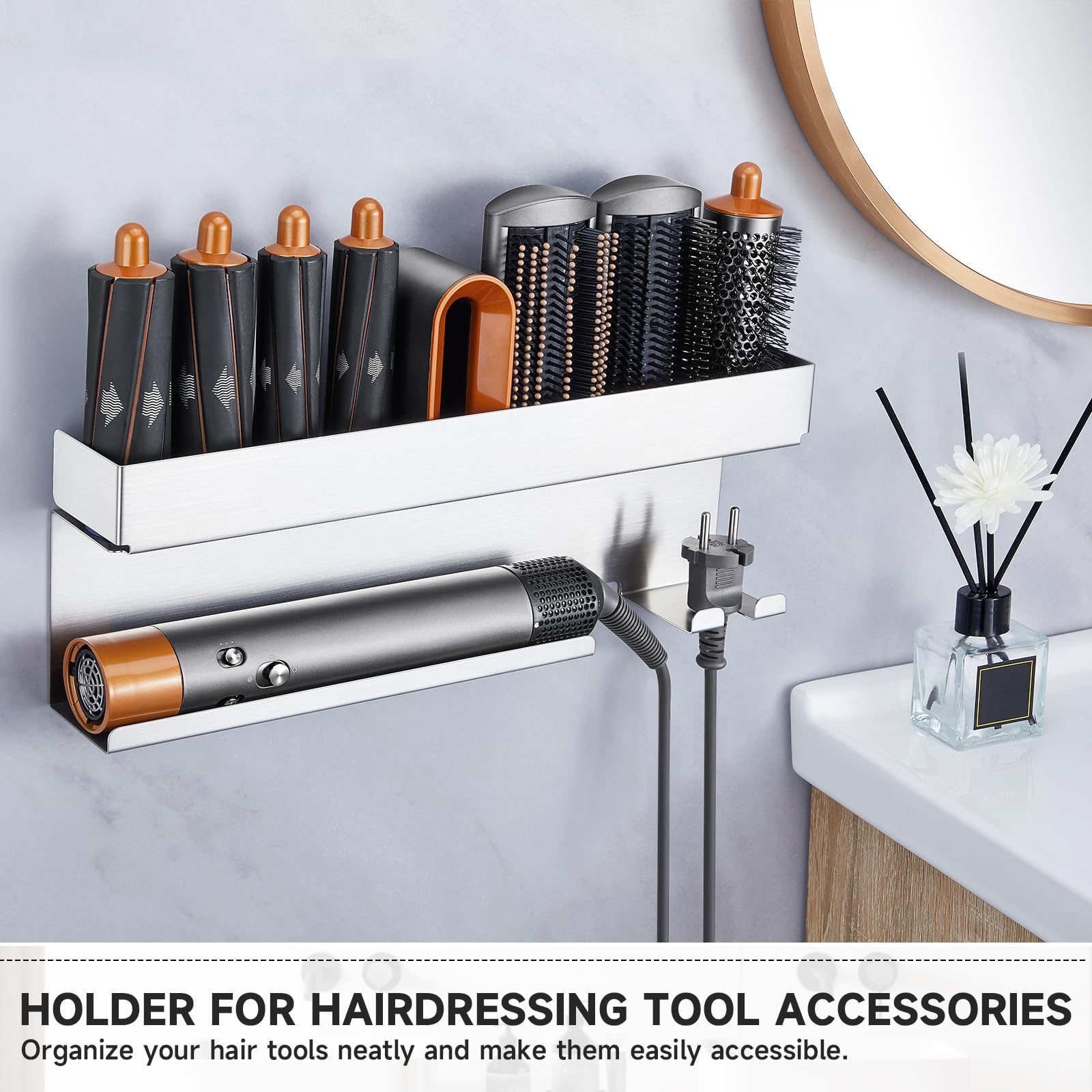 Stainless Steel Wall Mount Hair Tool Organizer - Hair Dryer Holder & Curling Iron Wand Accessories Storage for Bathroom | Perfect for Styler Attachments, Hair Straightener & Beauty Tools Organization