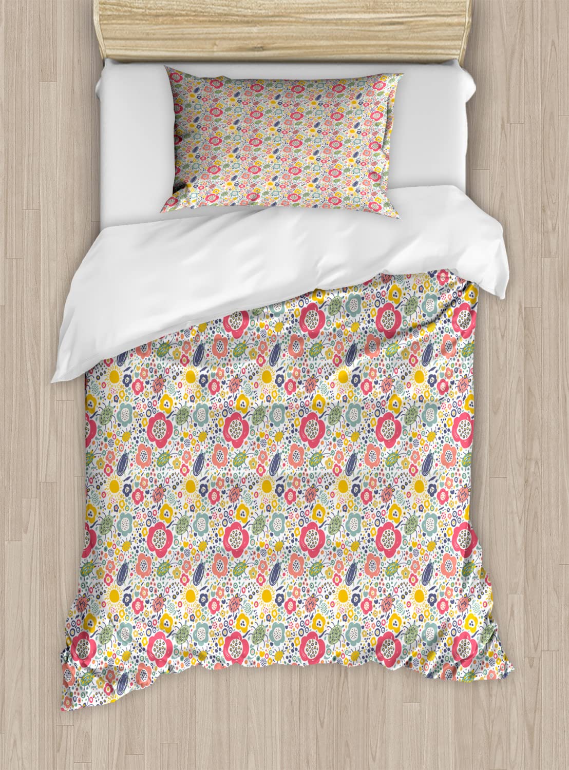 Ambesonne Colorful Duvet Cover Sets - Summer Nature Pattern with Bugs, Beetles, Dots, Flowers & Sun | 2-Pack Queen Size Bedding Set Includes 2 Duvet Covers & 4 Pillowcases | Perfect for Kids' Rooms, Guest Bedrooms & Summer Home Decor