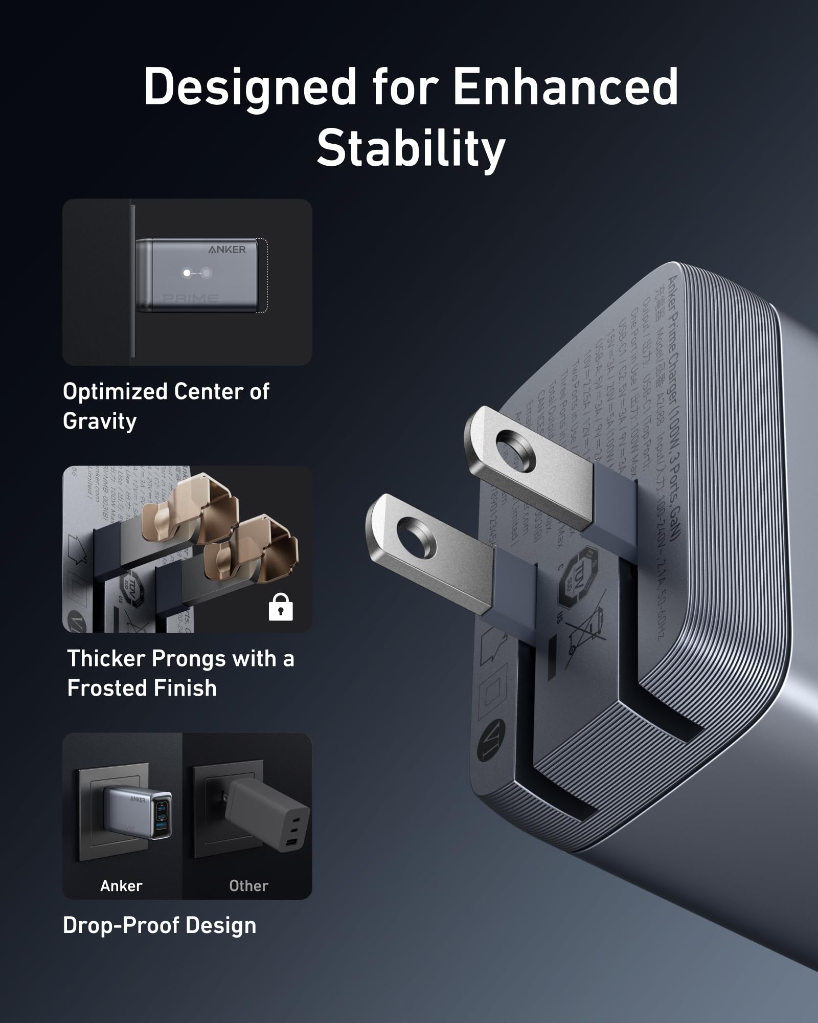 Anker Prime 100W USB C GaN Charger with 3 Ports - Fast & Foldable Compact Charging Block for MacBook, iPad, iPhone 15/14/13, Galaxy S24/S23 - Perfect for Travel, Office & Home Use