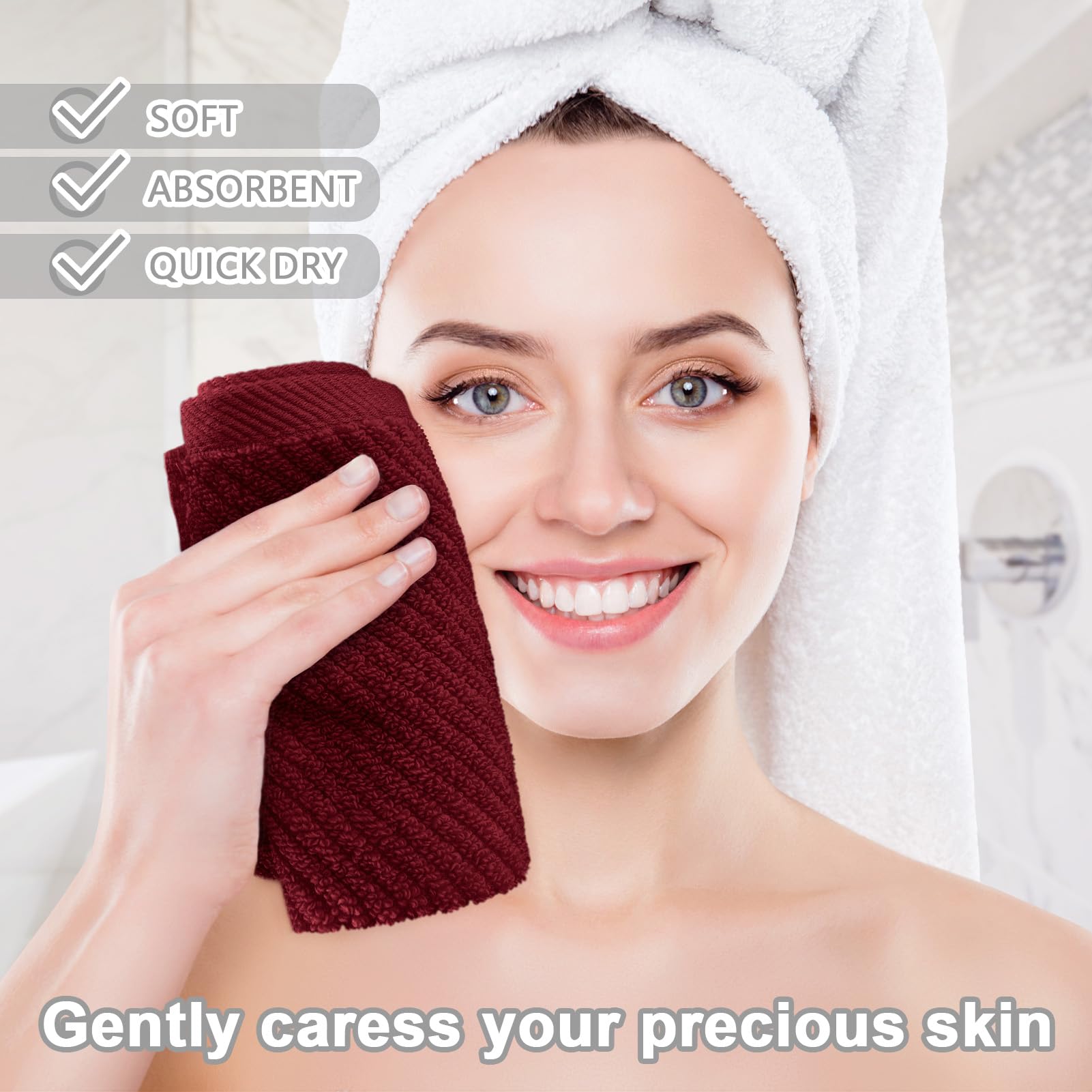 VOOVA & MOVAS 13x13 Inch 100% Cotton Facial Towels - Soft, Absorbent, Quick Dry Bath & Hand Towels Set of 4 | Lightweight & Thick for Shower, Spa, Gym | Burgundy Bathroom Essentials