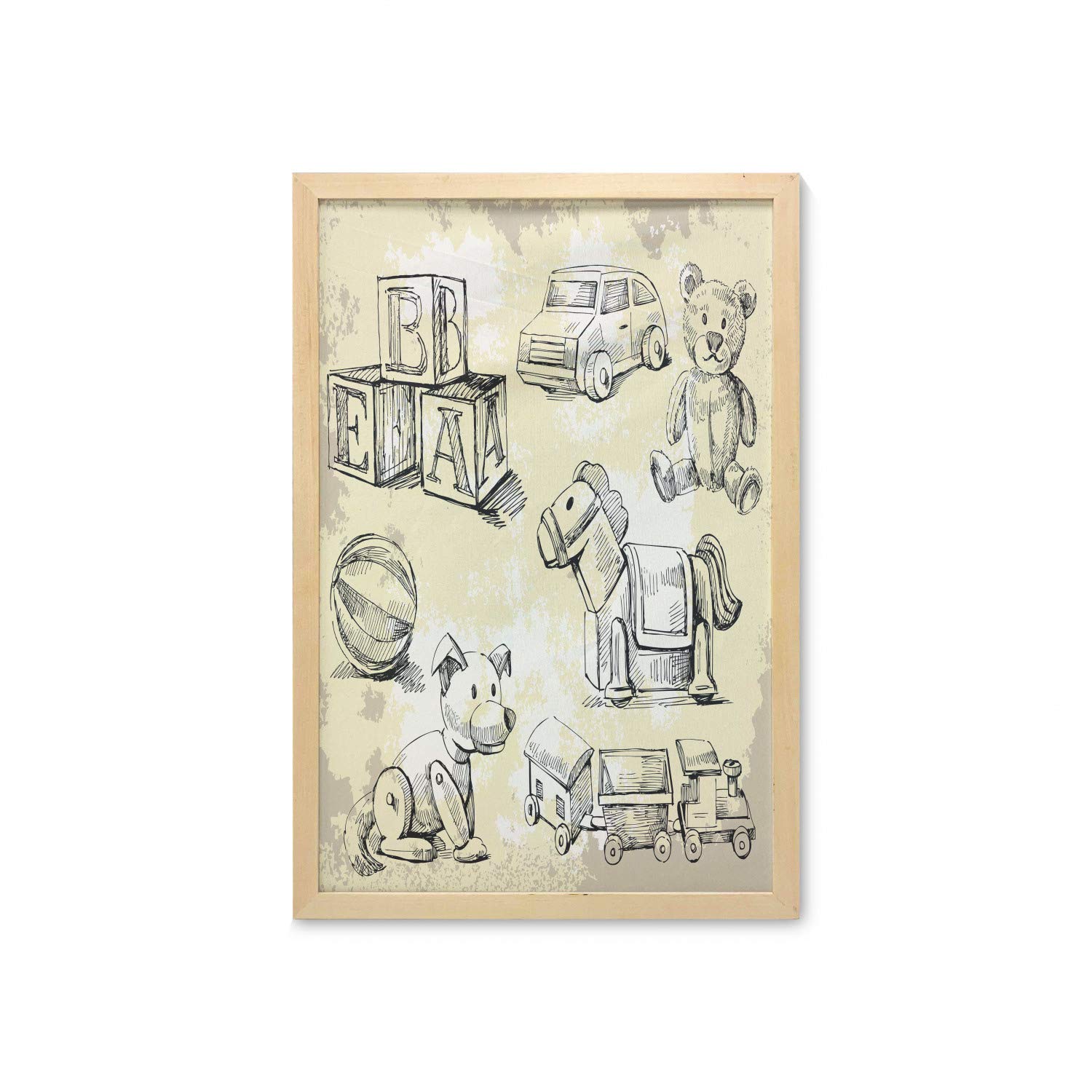 Vintage Wall Art with Frame - Old Toys Illustration on Grunge Background Featuring Teddy Bear, Train & Ball - Printed Fabric Poster for Bathroom, Living Room & Dorm Decor - 23