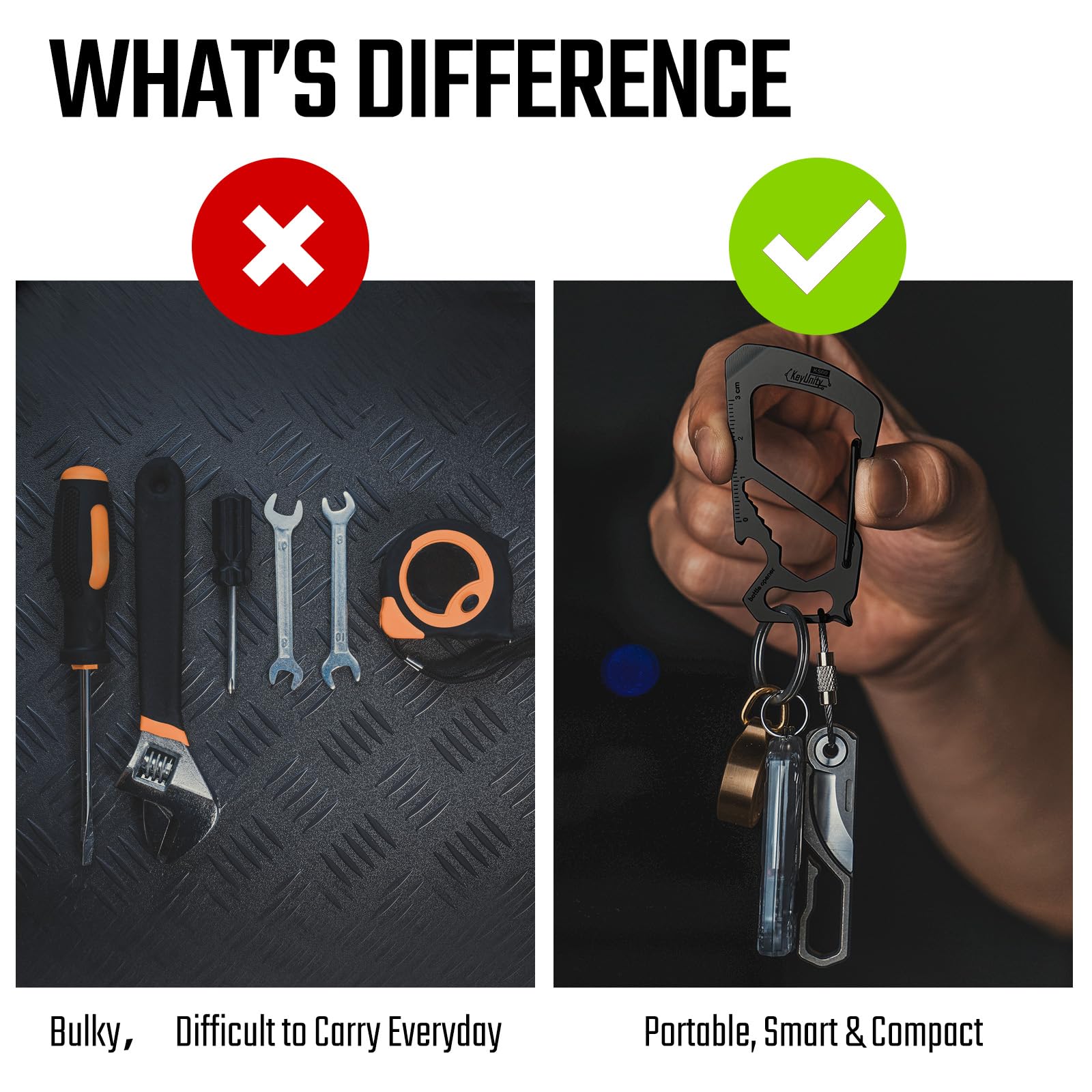 KeyUnity KS00BK 7-in-1 Stainless Steel Multitool Carabiner Clip - Includes Quick Release Clasp, Wrench, Cross/Slotted Screwdrivers, Bottle Opener, Ruler & Key Holder (PVD Black) - Perfect for Camping, Hiking, DIY Repairs & Everyday Carry