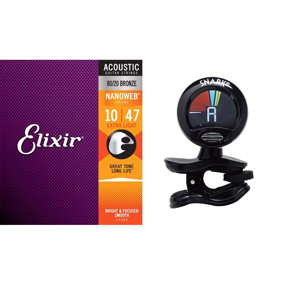 Elixir Acoustic Guitar Strings with NANOWEB Coating - Extra Light (.010-.047) & Snark SN5X Clip-On Tuner | Premium Coated Strings for Clear Bright Tone | Perfect for Live Performances, Studio Recording & Practice Sessions