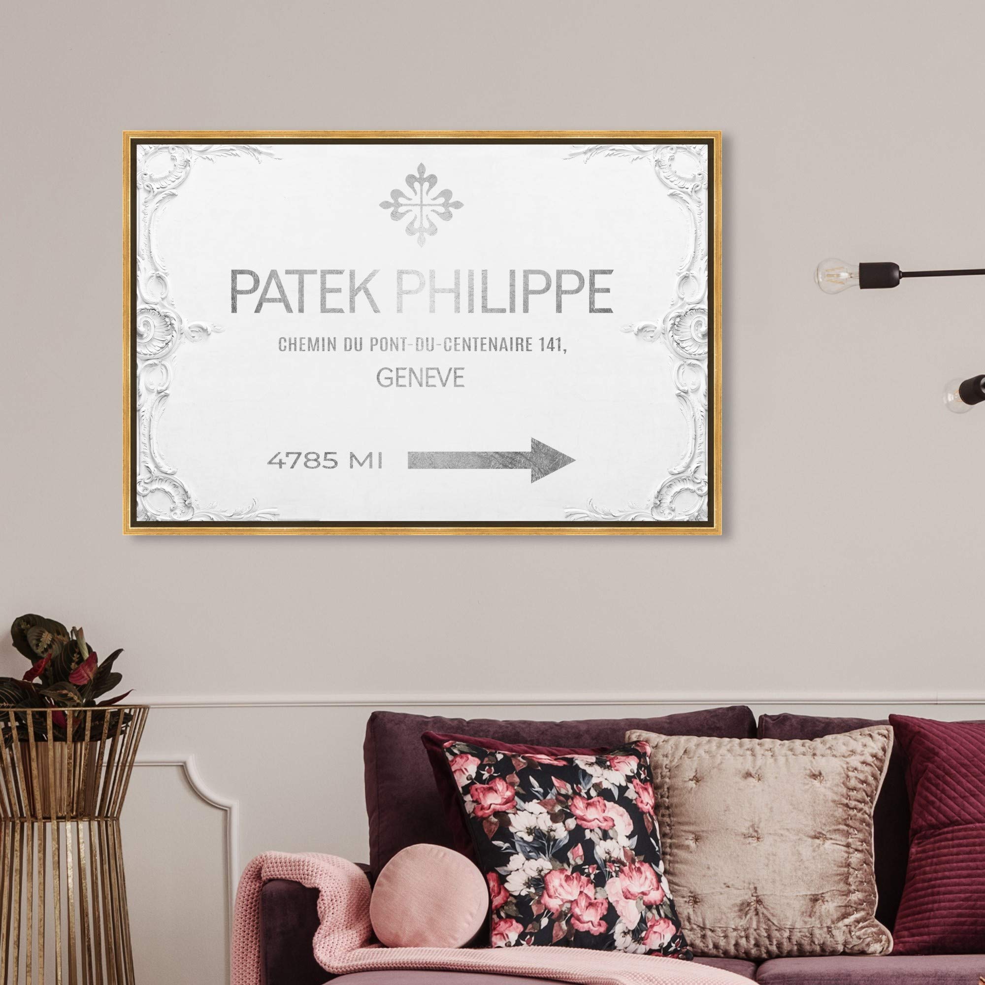 Oliver Gal Artist Co. Fashion & Glam Wall Art Framed Canvas Print - 'Geneva Watches Road Signs' Home Decor Painting, 36x24 Inches, Gray & White | Perfect for Living Room, Bedroom or Office Wall Decor
