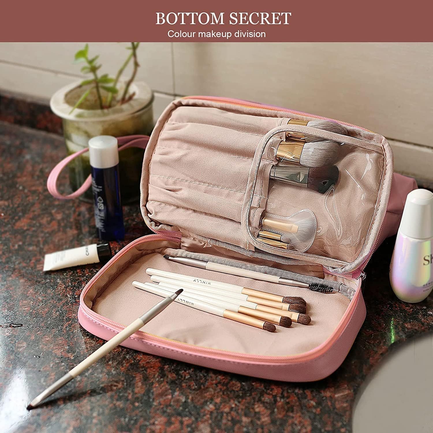 Styxon Travel Makeup Bag for Women - Double Layer Waterproof Leather Cosmetic Organizer with Large Zipper, Portable Toiletry Pouch for Girls (Pink) - Perfect for Travel, Gym, Vacation & Daily Use