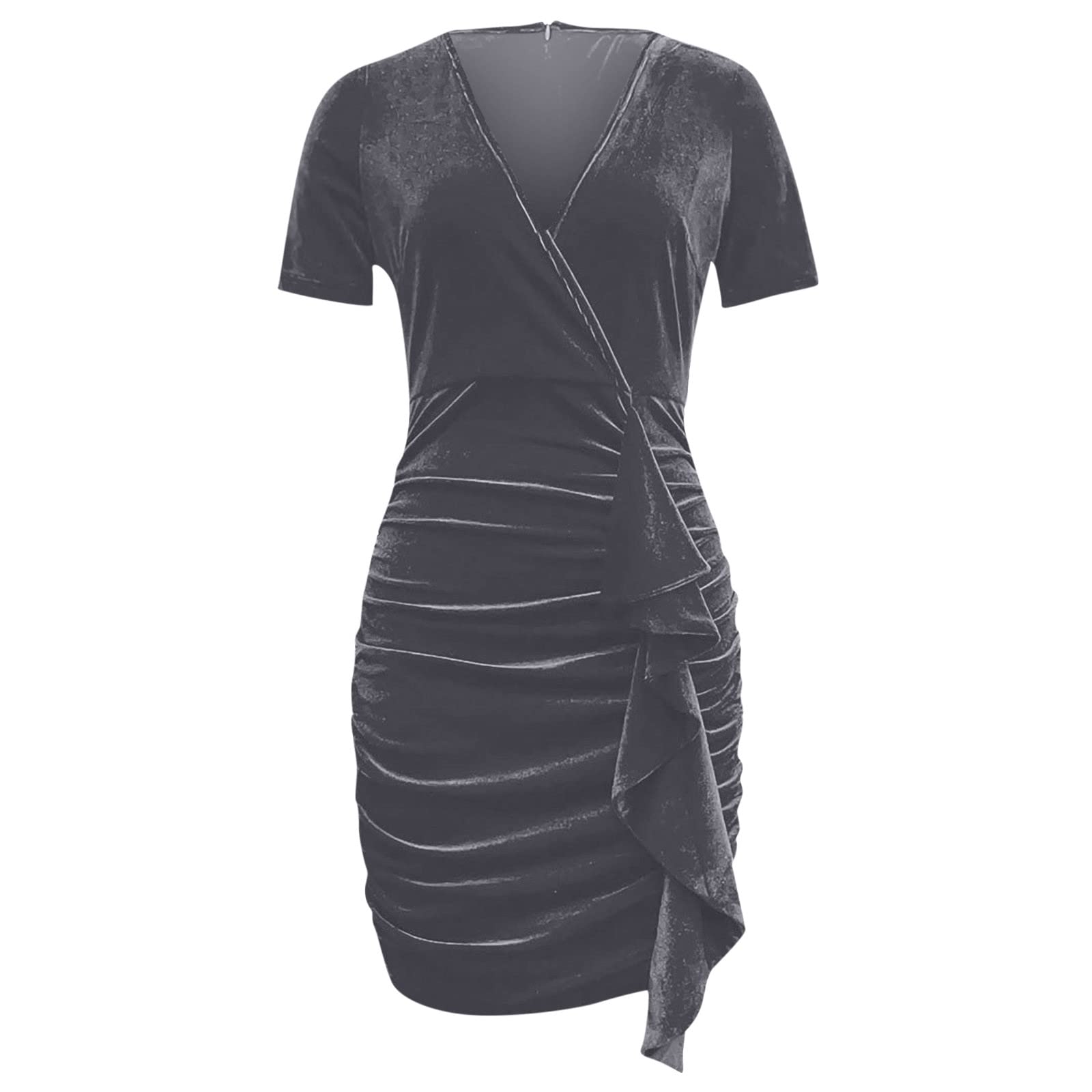 Sexy Women's Ruched Midi Dress - V Neck Velvet Cocktail Dress for Evening Party & Night Out | Bodycon Short Sleeve Solid Color Formal Dress | Perfect for Date Night, Club Wear & Special Occasions