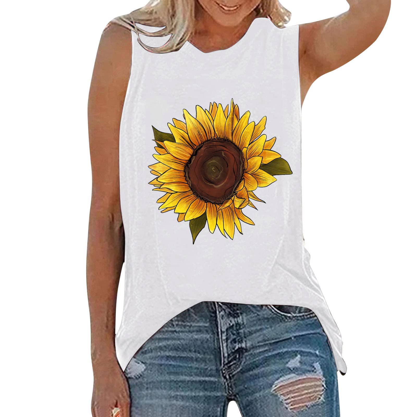 Women's Sunflower Print Sleeveless Round Neck T-Shirt - Casual Oversized Tank Top Blouse (White, Large) | Perfect for Summer Outings, Beach Vacations & Casual Wear