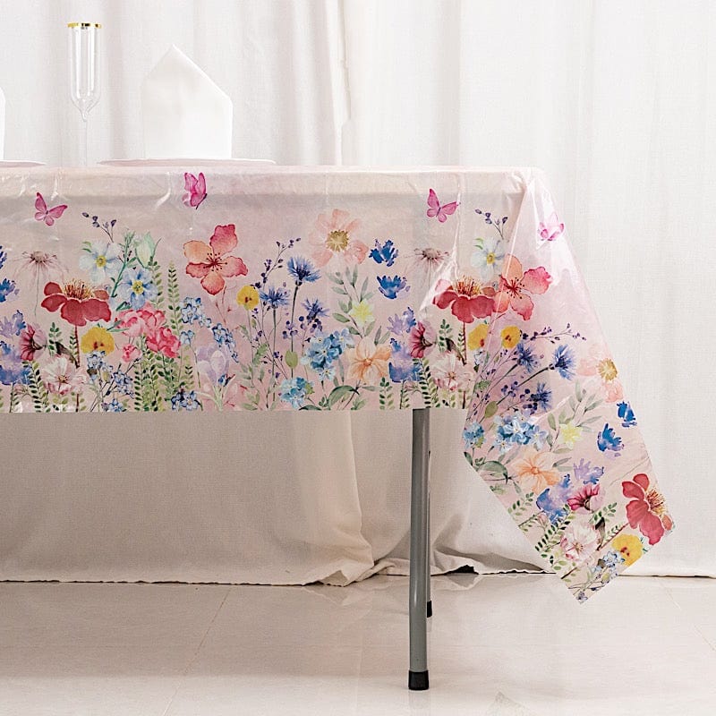 5 Pack 54 x 108 Inch Rectangular Plastic Tablecloths - Butterfly Floral Pattern in Blush Pink for Parties, Weddings & Outdoor Dining