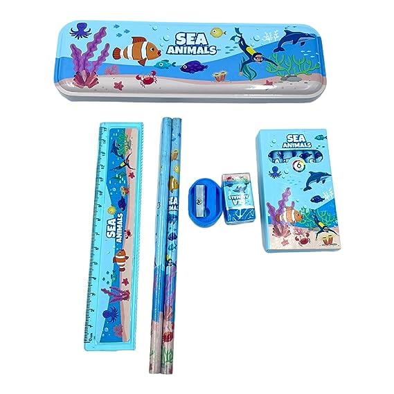 JMK CRAFTS Kids Cartoon-Themed Stationery Set - Kawaii Pencil Box, Crayons, Erasers, Sharpeners, School Supplies for Boys & Girls | Perfect for Classroom, Birthday Gifts & Back to School (Sea Animals, 1-Pack)