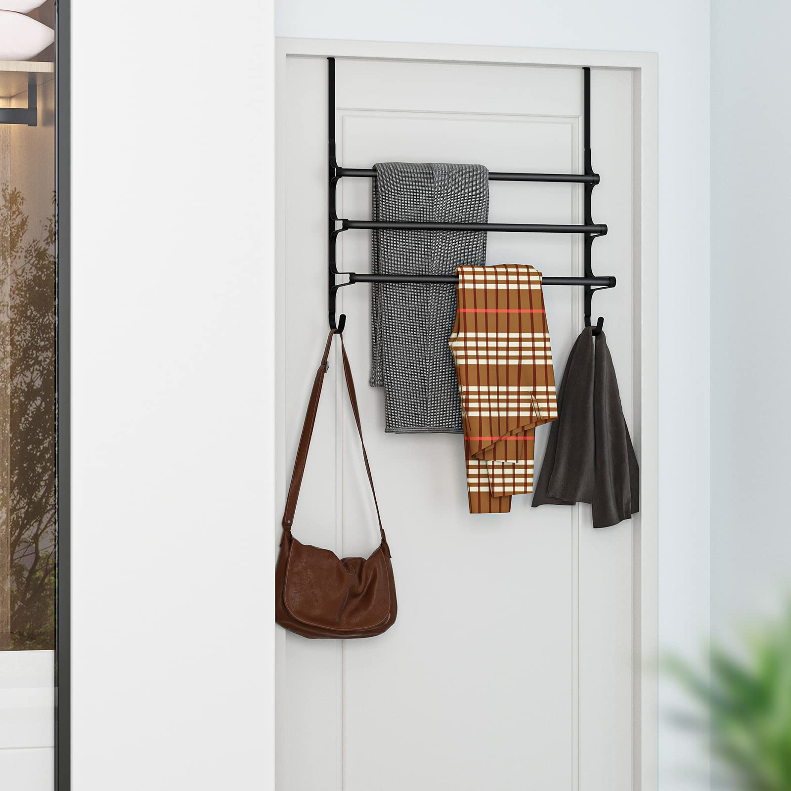 Over The Door Towel Rack - Triple Towel Storage Holder with Hooks for Bathroom, Kitchen, or Bedroom - Space Saving Matte Black Design (20.27