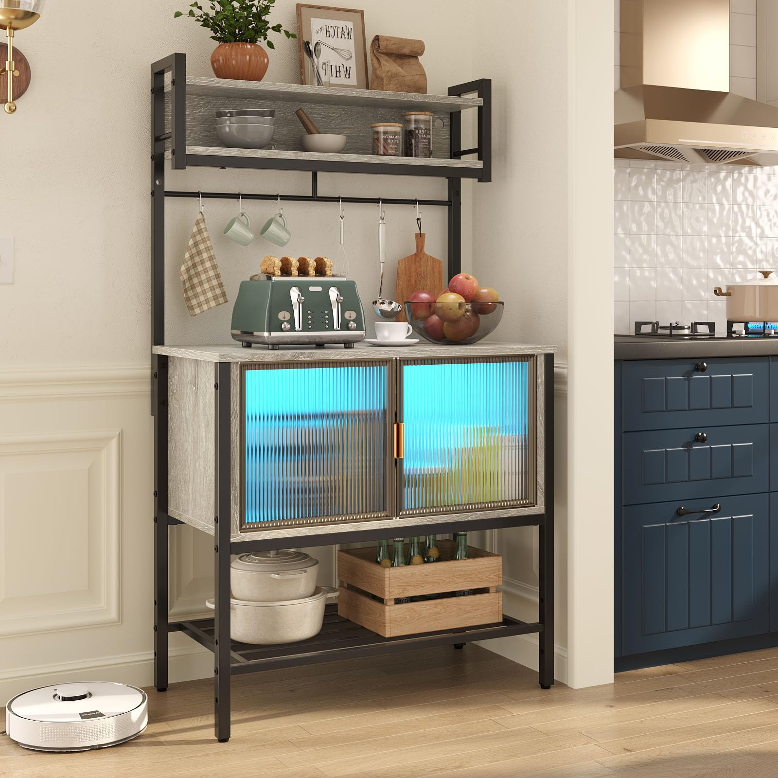 Bestier 5-Tier Coffee Bar with Storage & LED Lights - Heavy Duty Kitchen Bakers Rack with Cabinet, Microwave Stand for Kitchen, Garage & Pantry Organization (Retro Grey Oak) - Perfect for Small Spaces, Coffee Stations & Home Decor